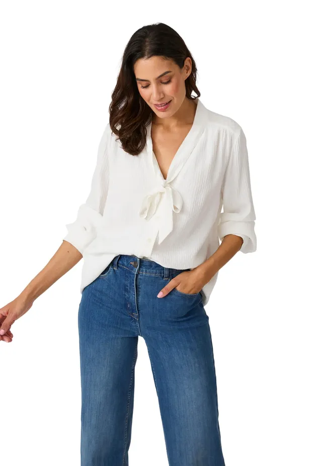Damart Prêt-à-porter camicetta lavallière jacquard bianca taglia 40