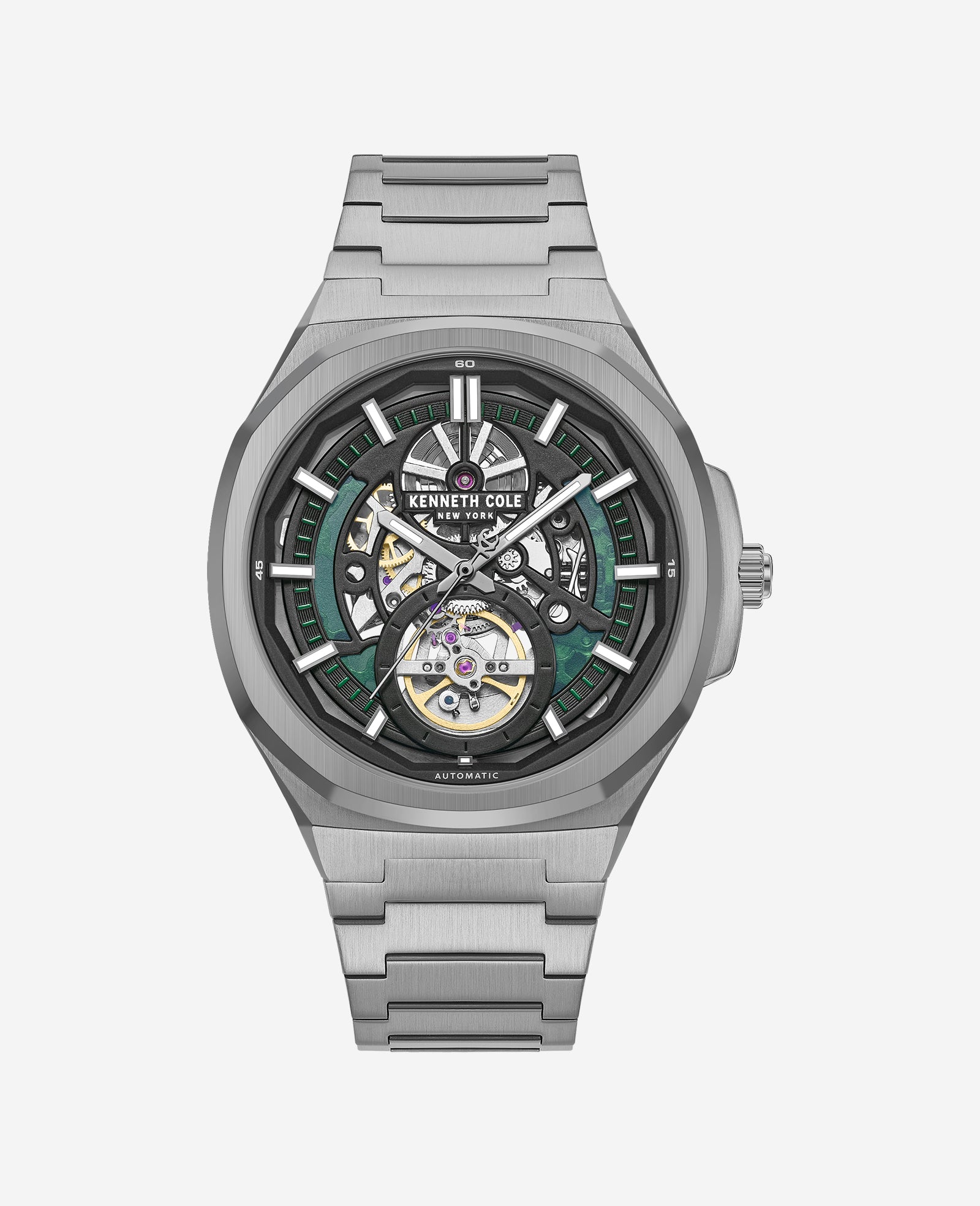 Kenneth Cole Reaction Watches Skeleton Automatic Bracelet Watch orologio automatico grigio scuro con bracciale in acciaio
