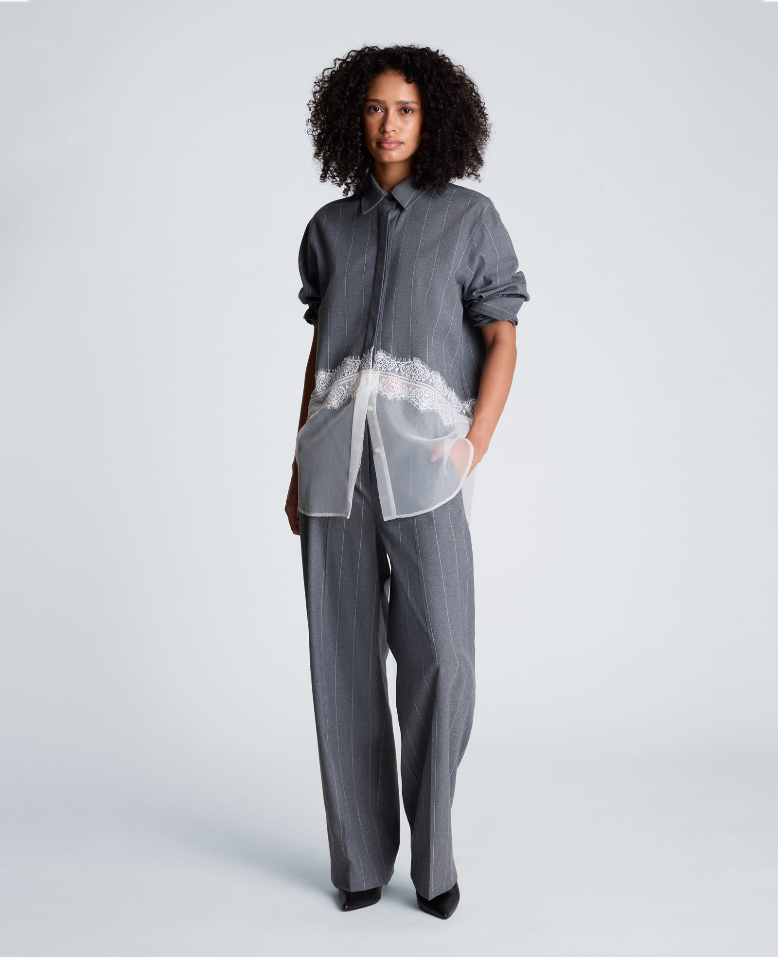 Kenneth Cole Reaction Clothing Button Front Oversized Paneled Shirt with Lace camicia oversize