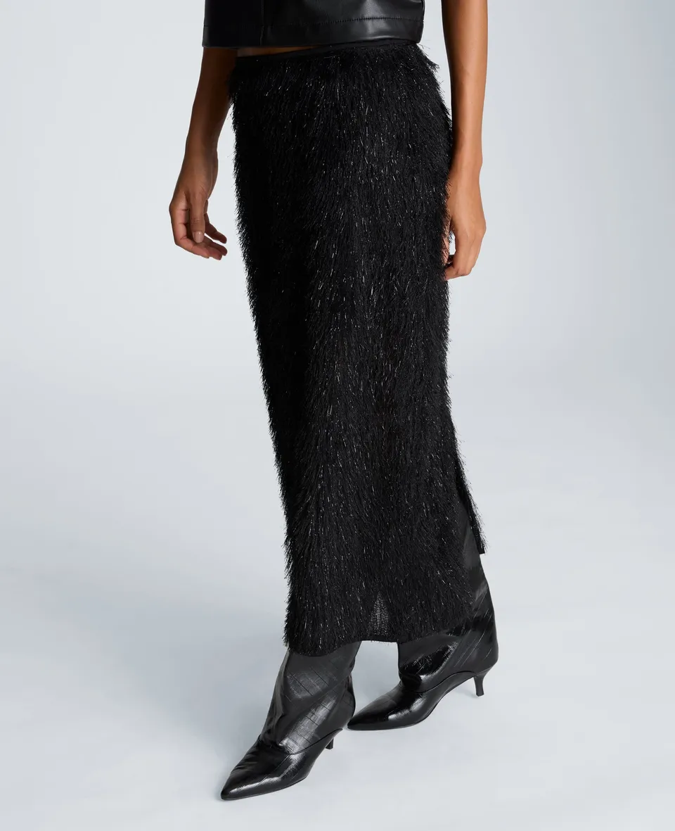 Kenneth Cole Reaction Clothing Pull On Midi Skirt gonna midi nera e argento con frange
