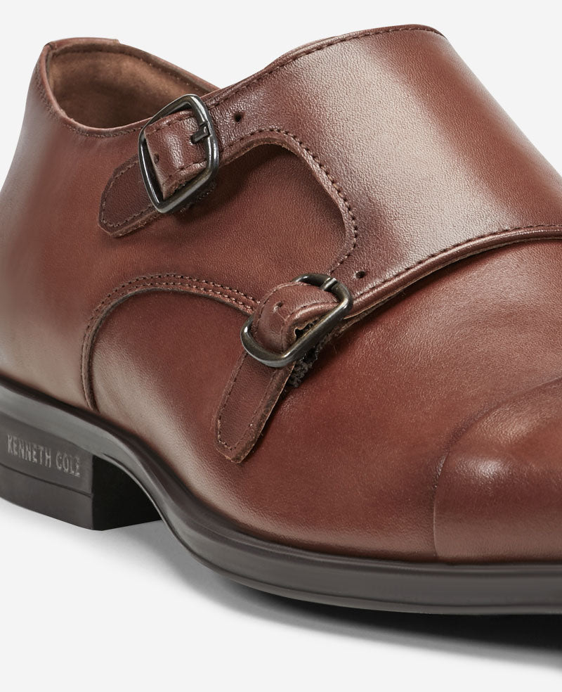 Kenneth Cole Reaction Shoes Charles Double Monk Strap Cap Toe Oxford scarpe cognac in pelle