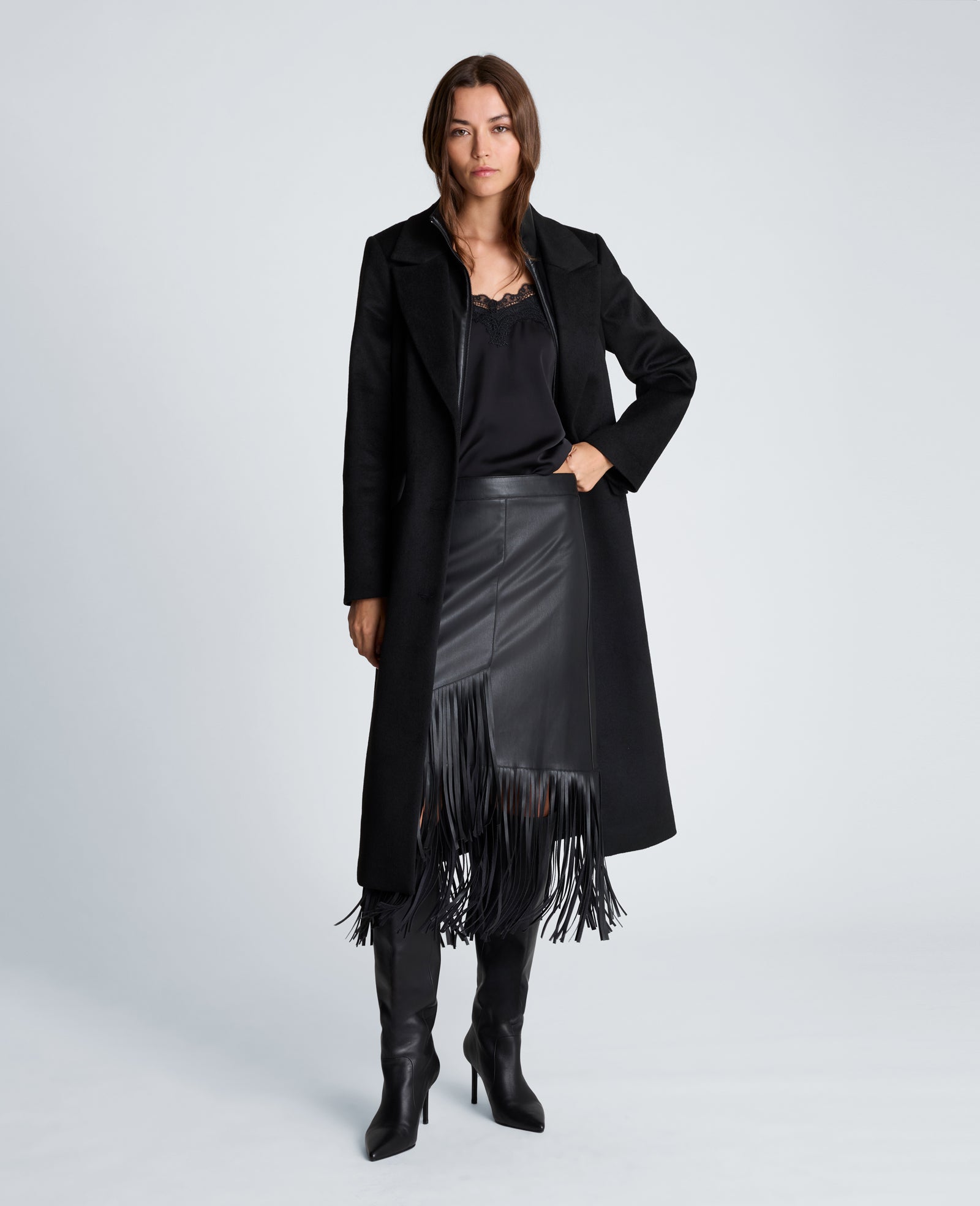 Kenneth Cole Reaction Clothing Wool Topper Coat with Vegan Leather Zip Up cappotto nero in lana