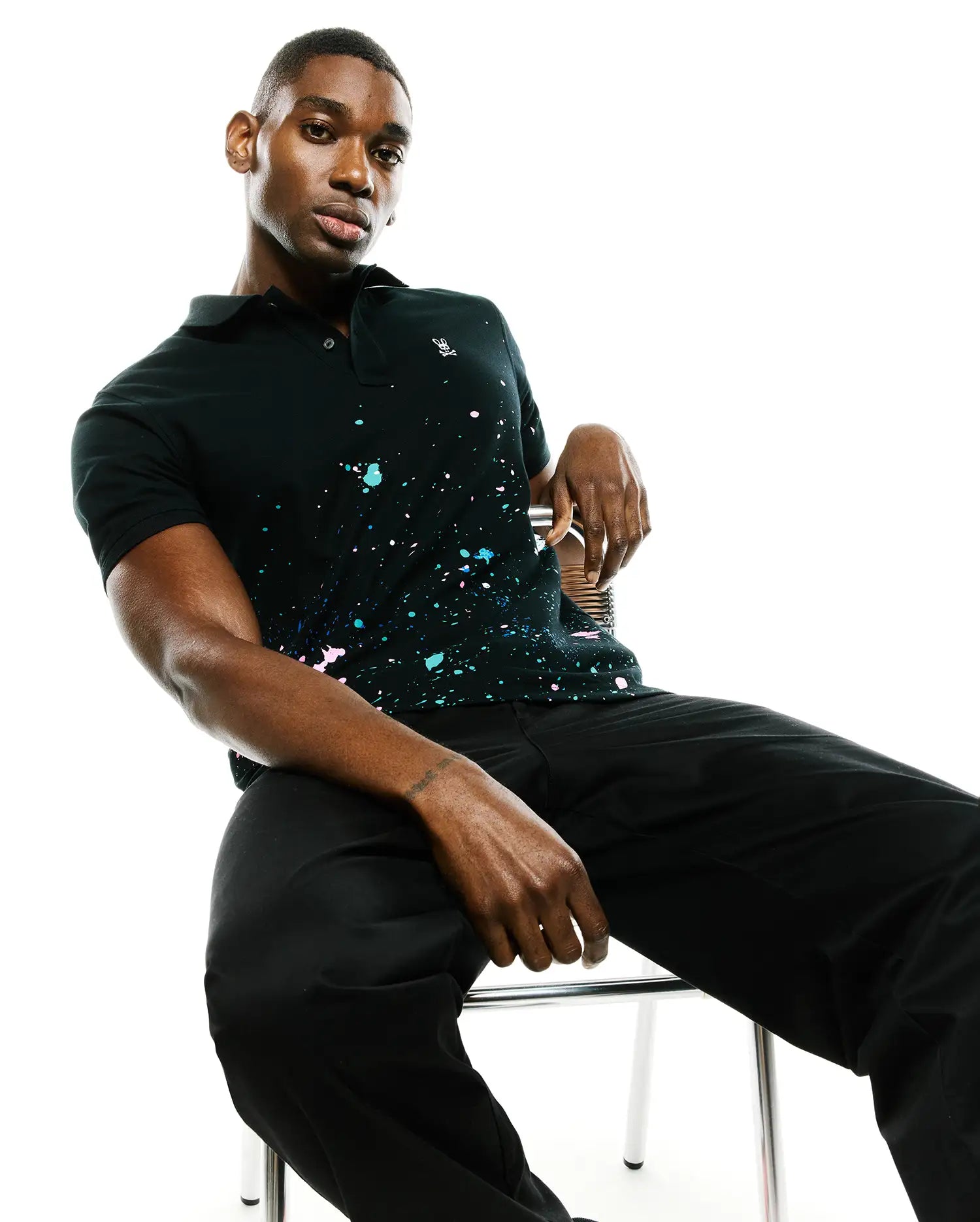 Psycho Bunny Men's Polos Malcolm Splatter Polo polo nera in cotone Pima