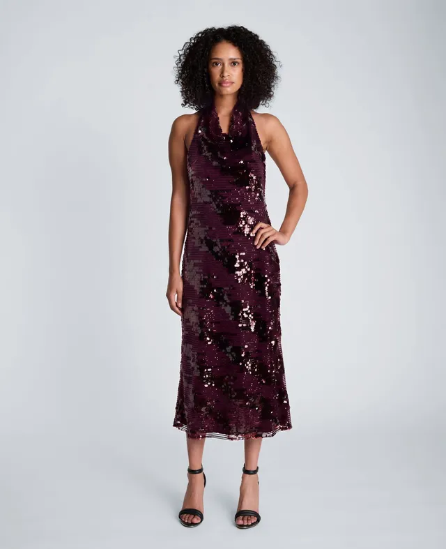 Kenneth Cole Reaction Halter Neck Midi Sequin Dress abito rosso prugna