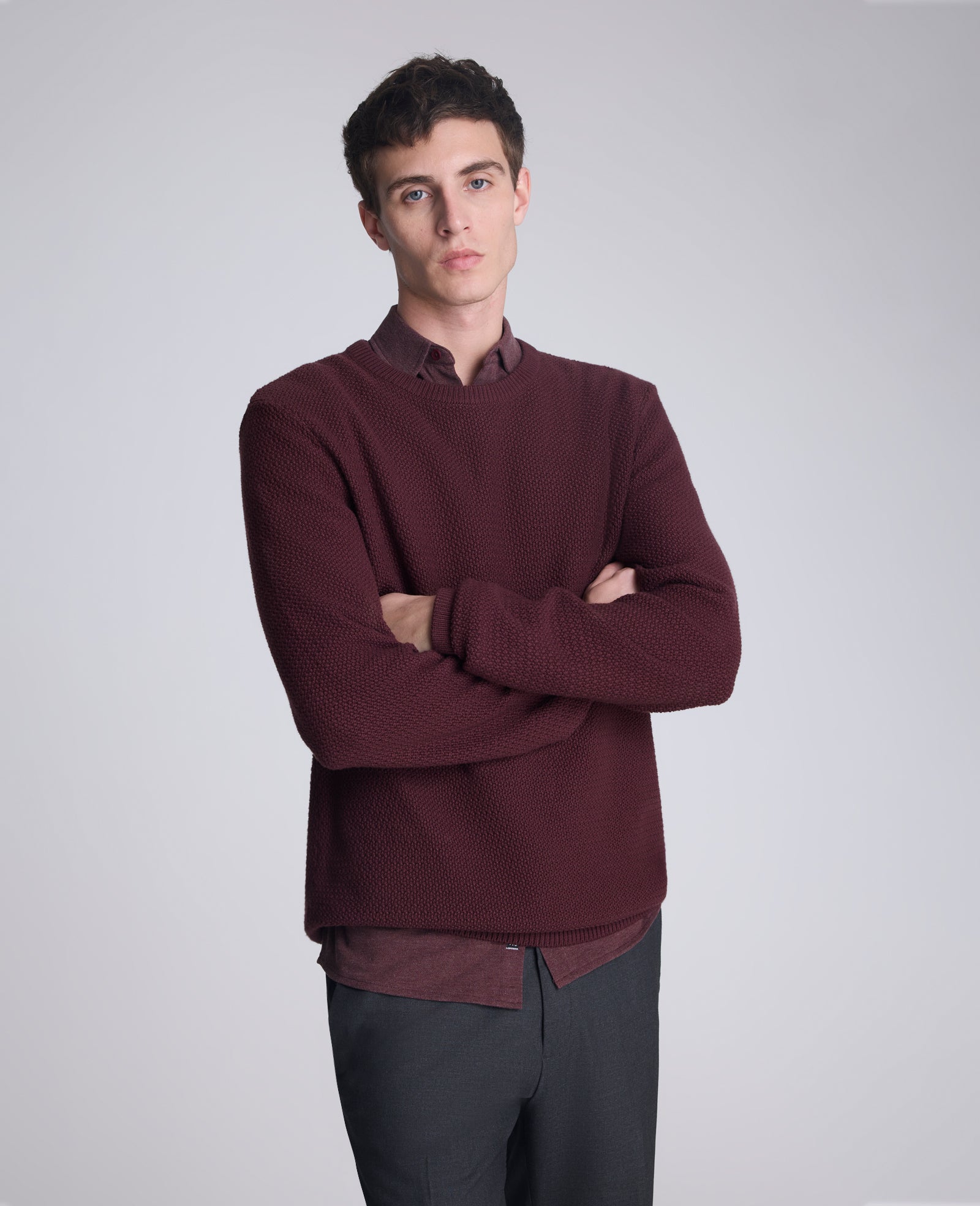 Kenneth Cole Reaction Clothing Popcorn Crew Sweater maglione bordeaux girocollo testurizzato