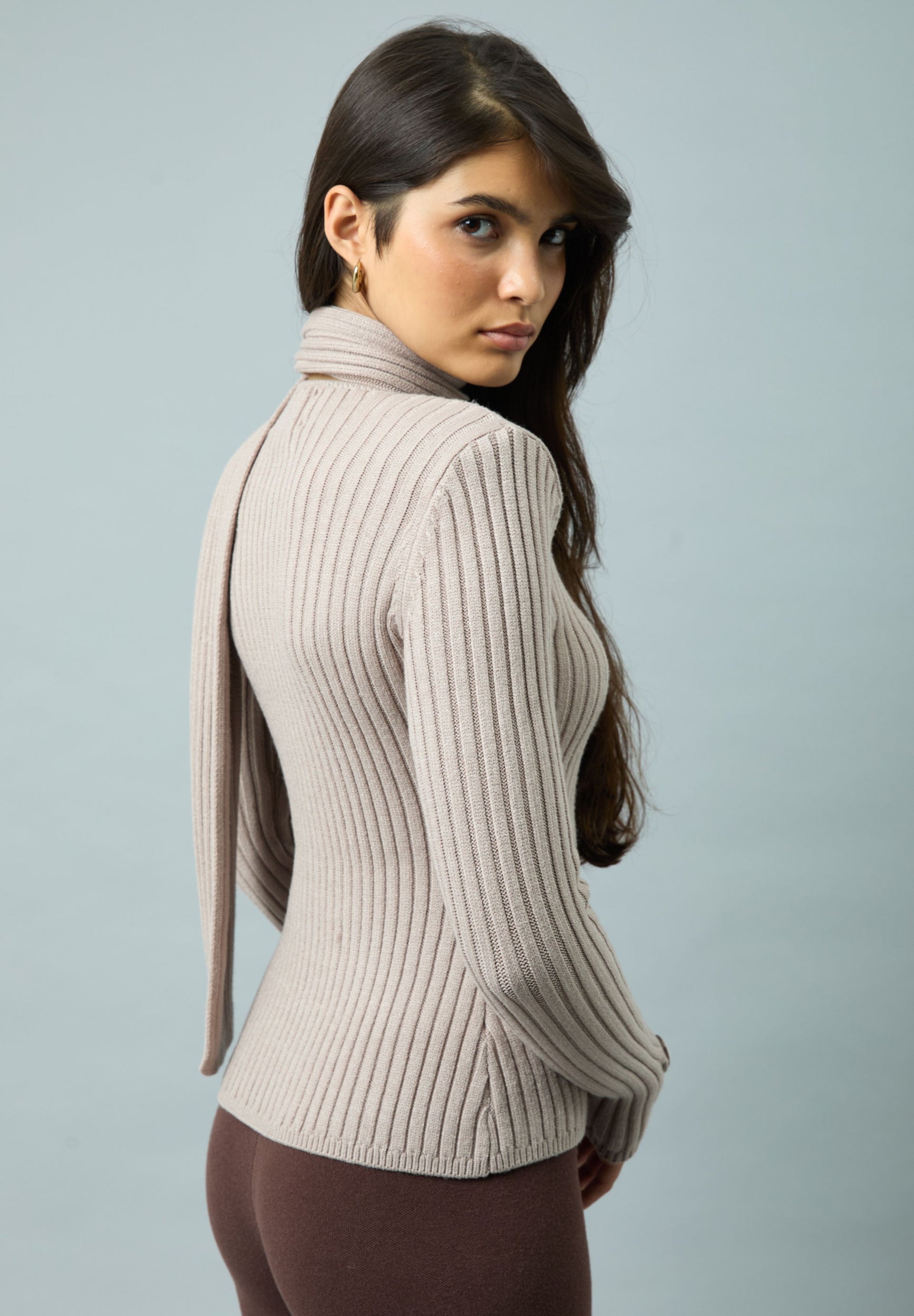 House Of Sunny Women's Knitwear Taupe Power Peggy cardigan a coste con sciarpa