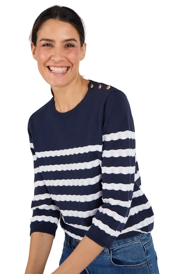 Damart Prêt-à-porter maglione marino a righe donna blu manica 3/4