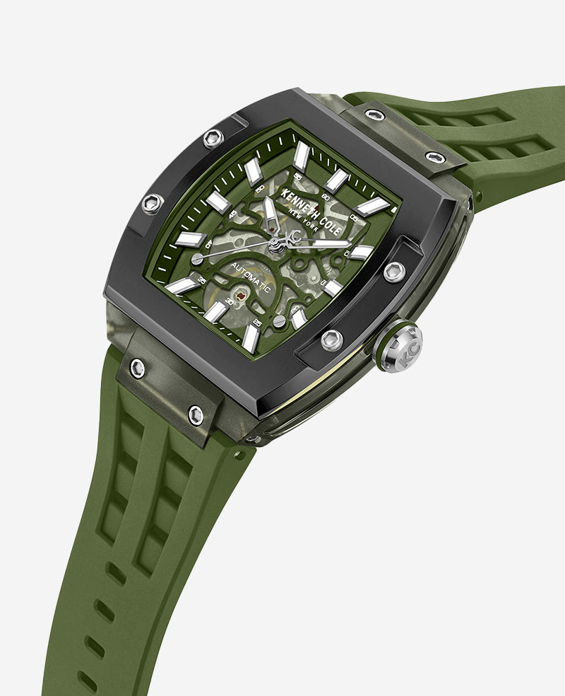 Kenneth Cole Reaction Watches Skeleton Automatic Green Silicone Strap Watch orologio verde