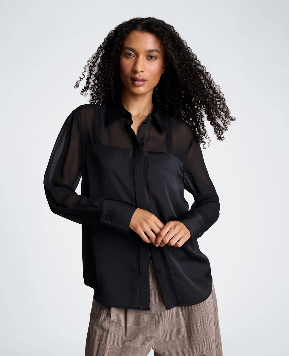 Kenneth Cole Reaction Clothing Long Sleeve Button Front Shirt with Sheer Sleeves camicia nera
