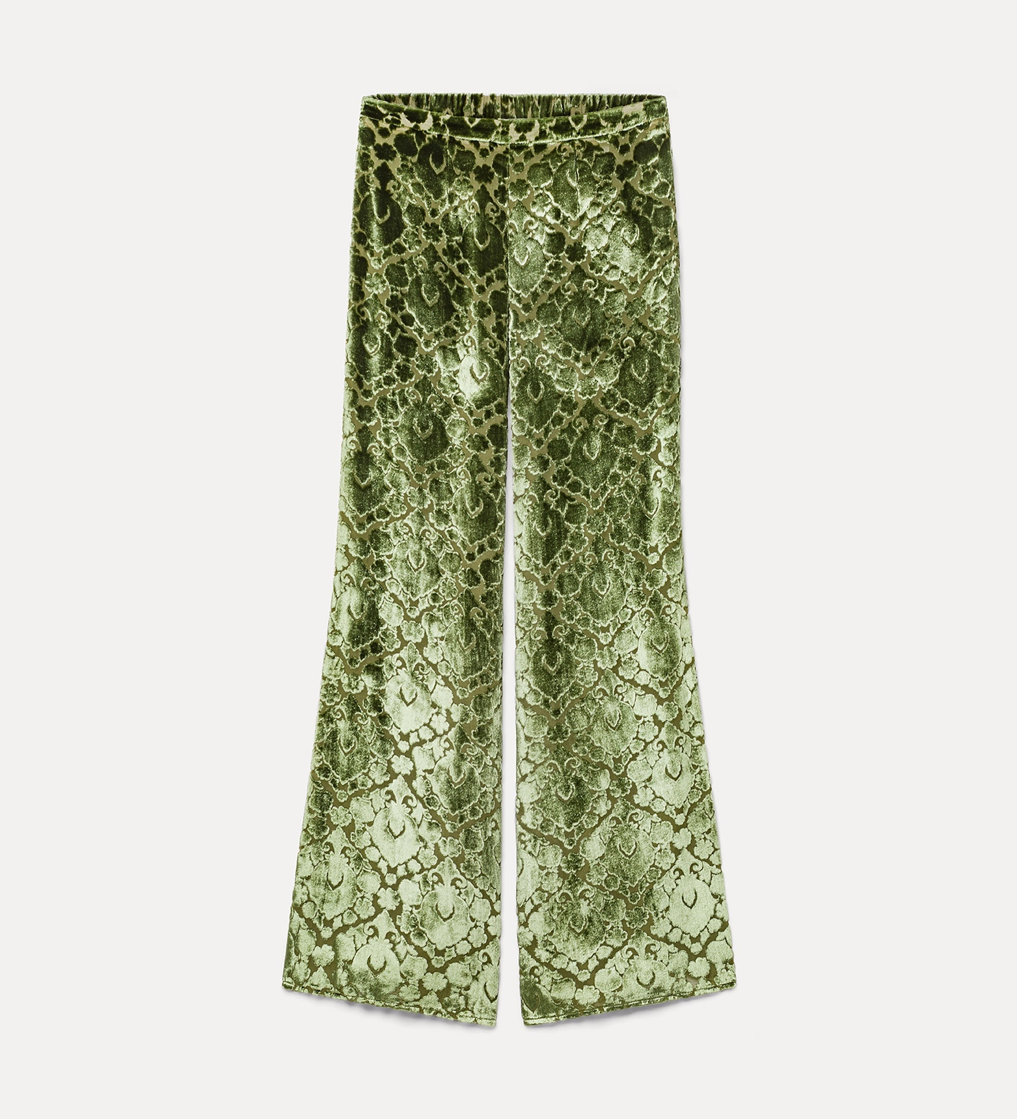 Forte pantaloni pantaloni svasati in velluto floreale verde