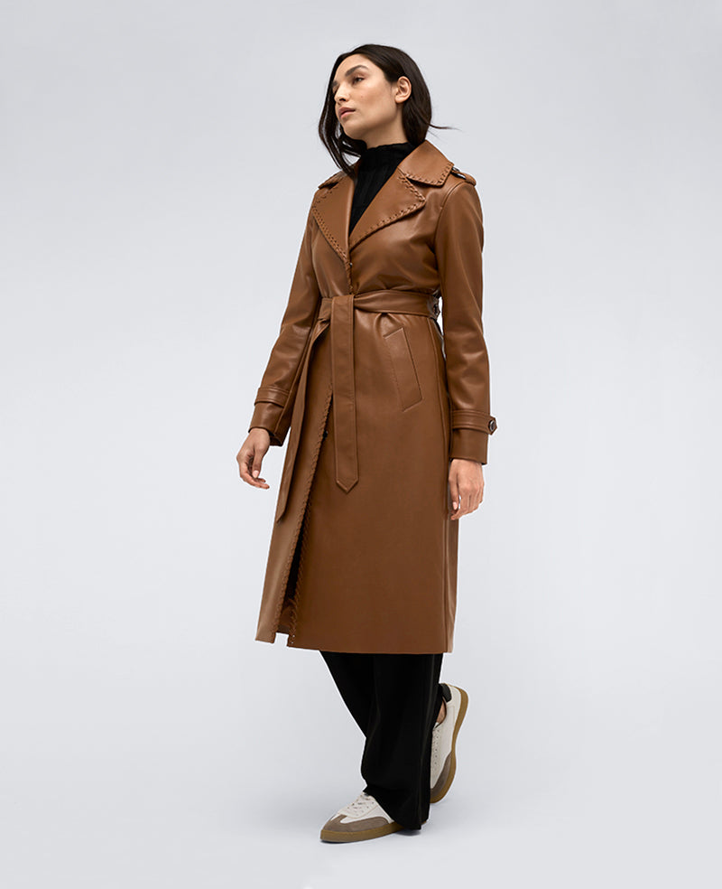 Kenneth Cole Reaction Clothing Faux Leather Belted trench in ecopelle cognac