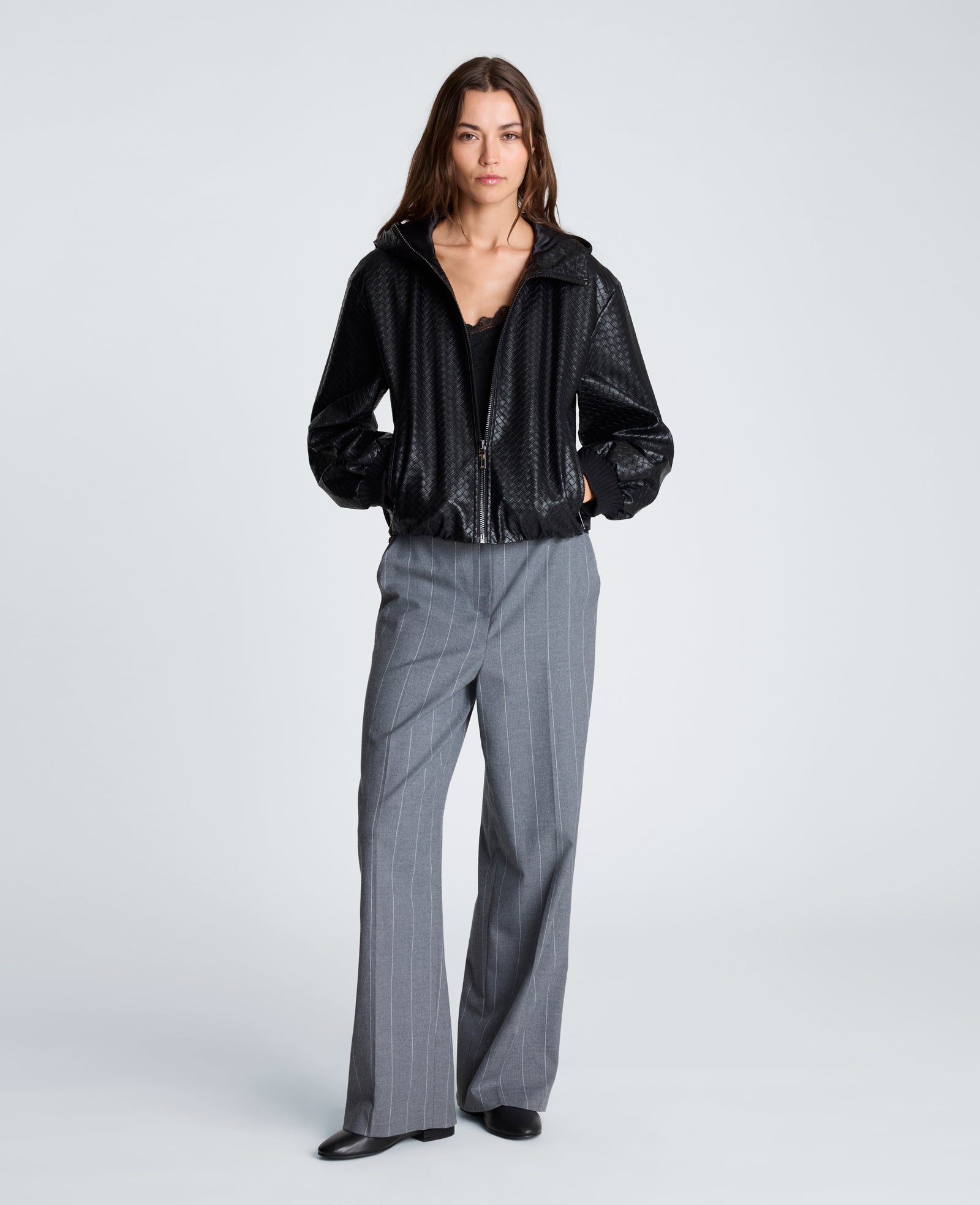 Kenneth Cole Reaction Clothing Hooded Basketweave Vegan Leather Blouson Jacket giacca nera