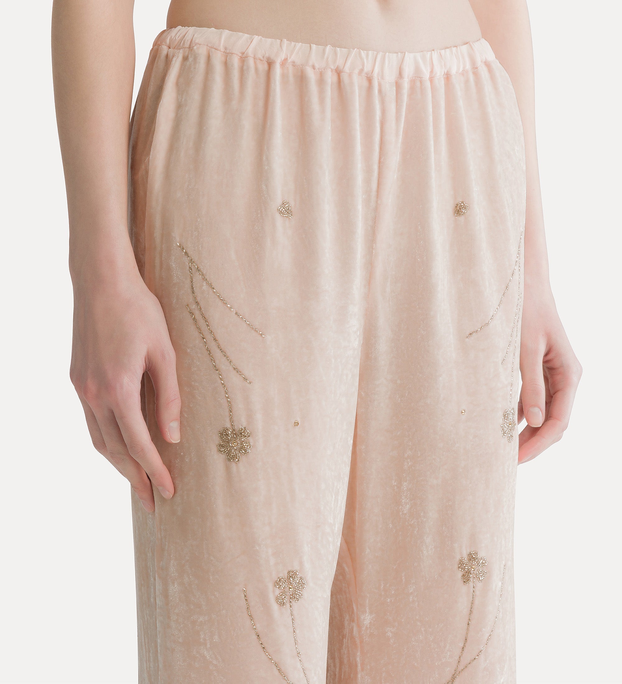 Forte pantaloni Fleurs d'Orient pantaloni loto velluto ricamato