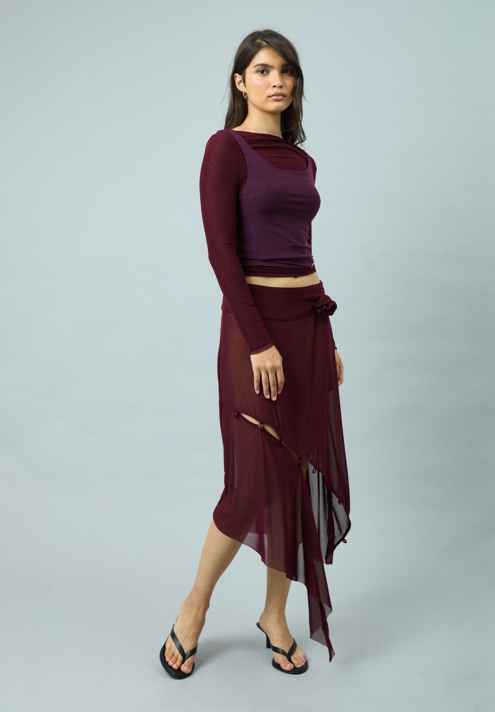 House Of Sunny Womens Tops Burgundy Double Layer Second Skin Top top bordeaux UK 6–18 mesh