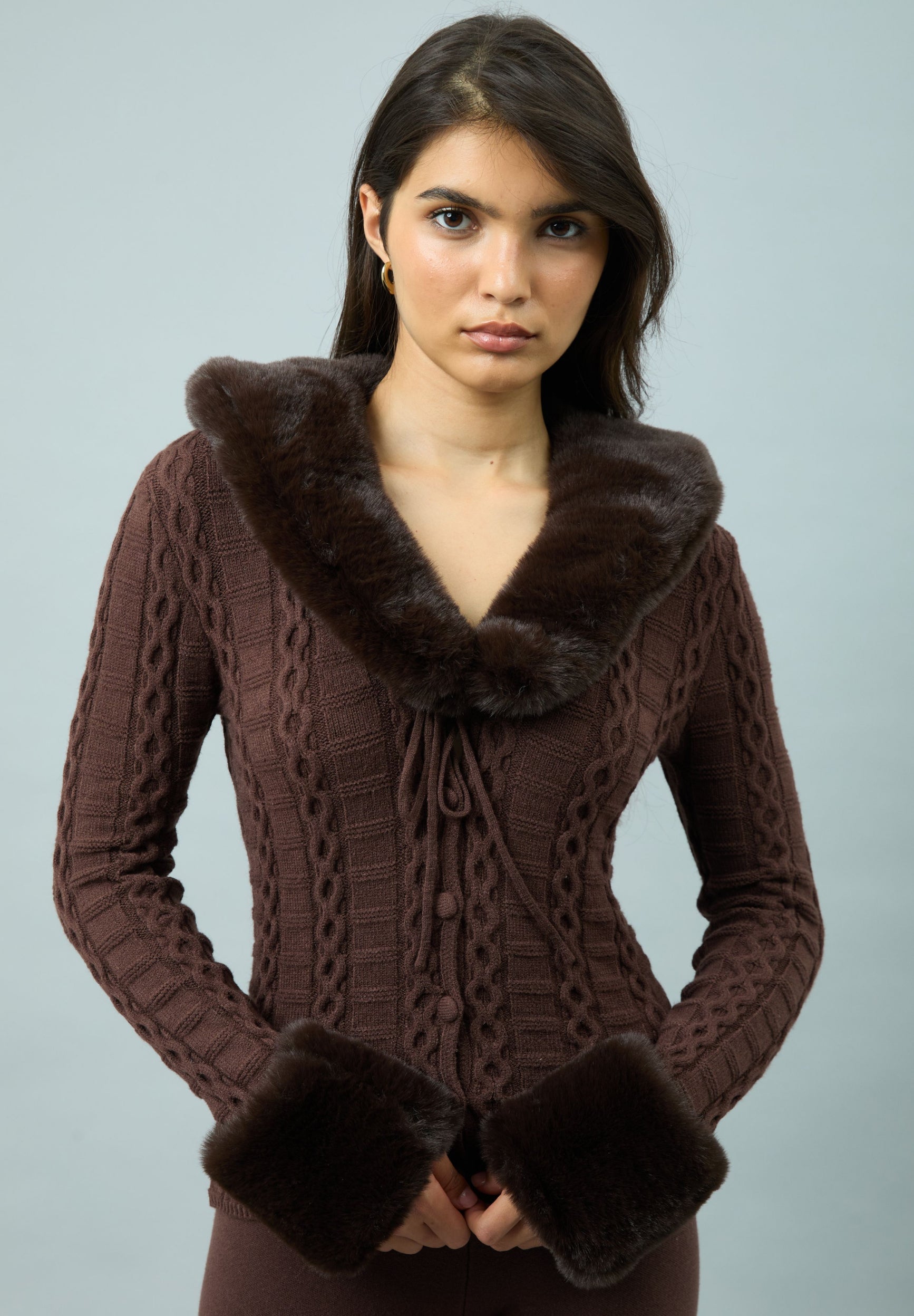 House Of Sunny Women's Knitwear CHOCOLATE FUR COLLAR CABLE PEGGY cardigan UK 6-18 collo staccabile