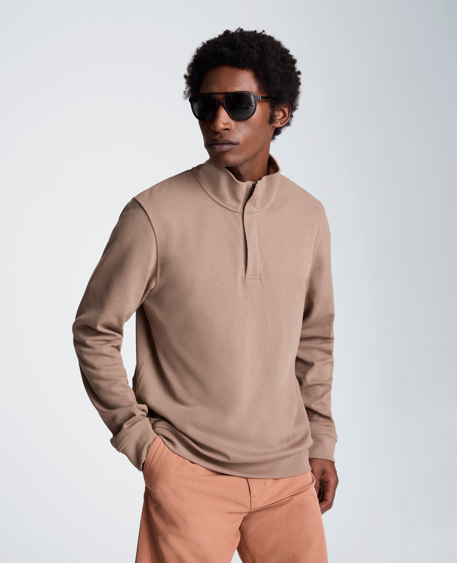Kenneth Cole Reaction Clothing Hidden Placket Quarter Zip maglione mezza zip beige scuro, S-XXL