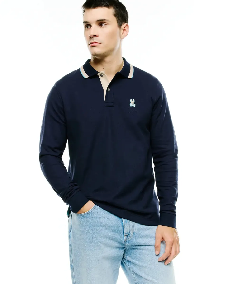 Psycho Bunny Men's Polos Men's Grover Pique Longsleeve Polo polo blu piqué