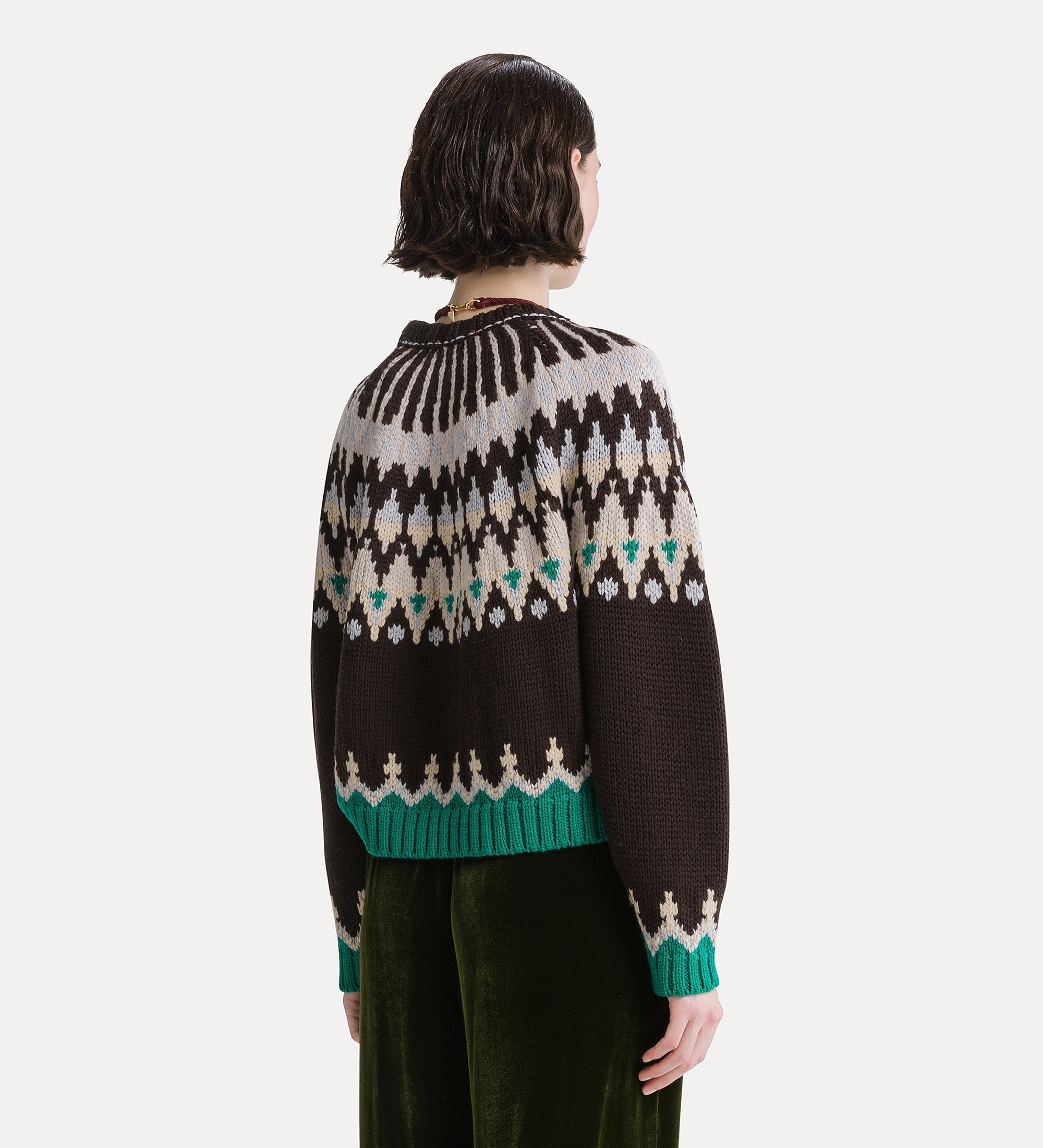 Forte maglieria maglione Fair Isle in lana vergine marrone