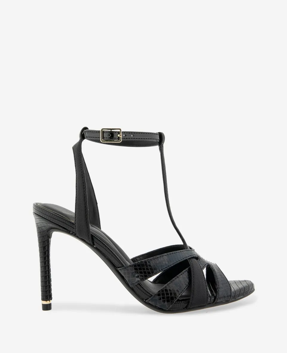 Kenneth Cole Reaction Shoes Liona Embossed Snake Heel sandali neri con tacco