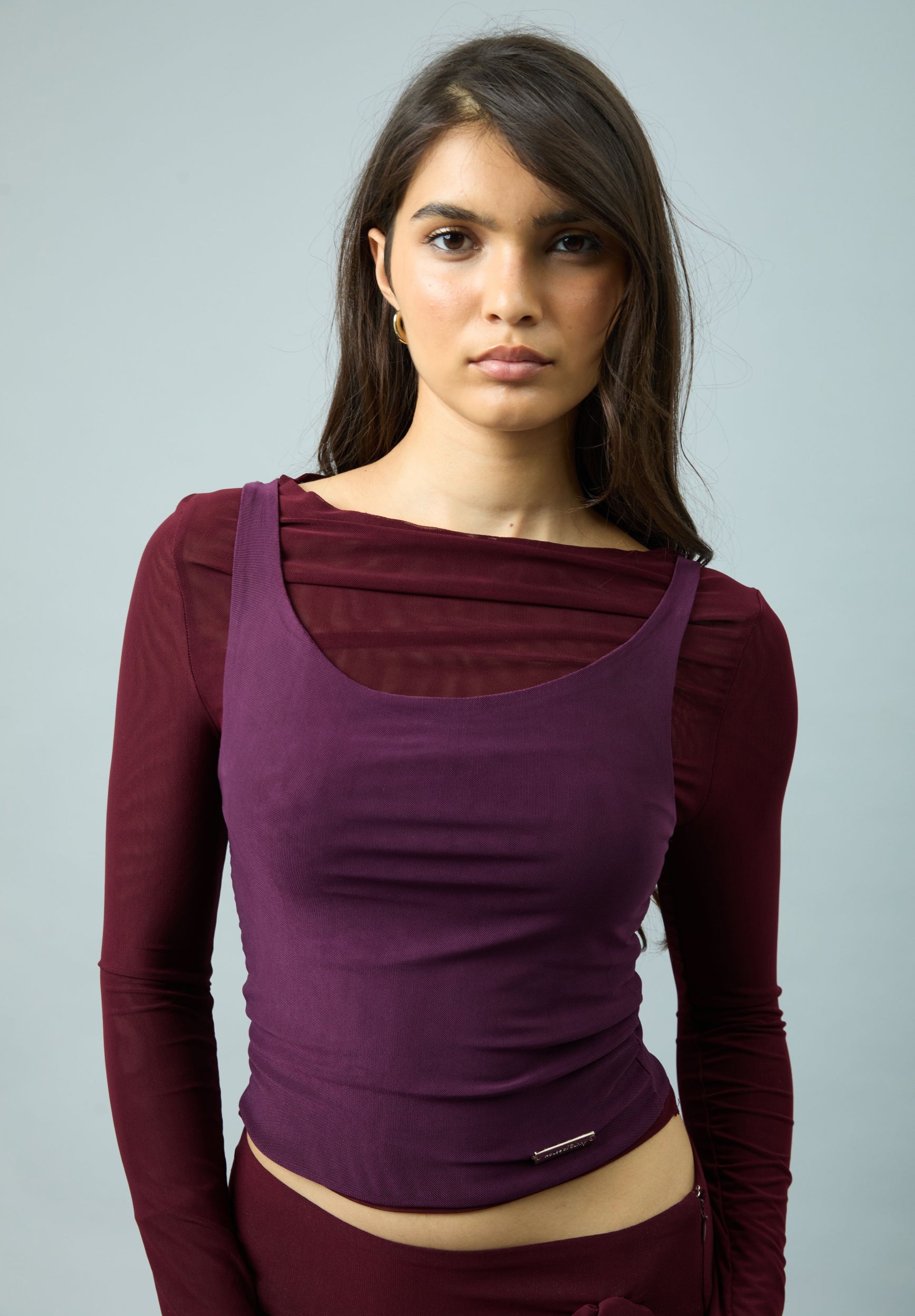 House Of Sunny Womens Tops Burgundy Double Layer Second Skin Top top bordeaux UK 6–18 mesh