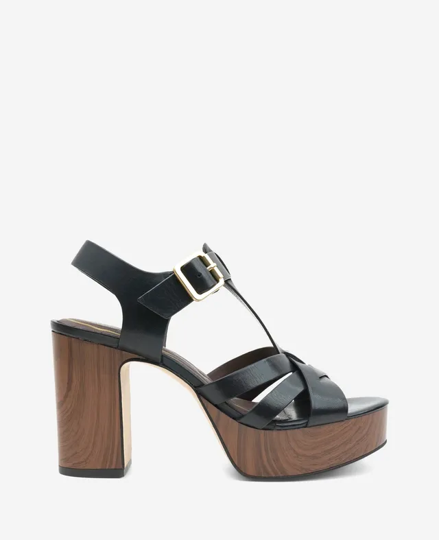 Kenneth Cole Reaction Shoes Lotus Woven Leather T-Strap Wood Platform Sandal sandalo nero in pelle