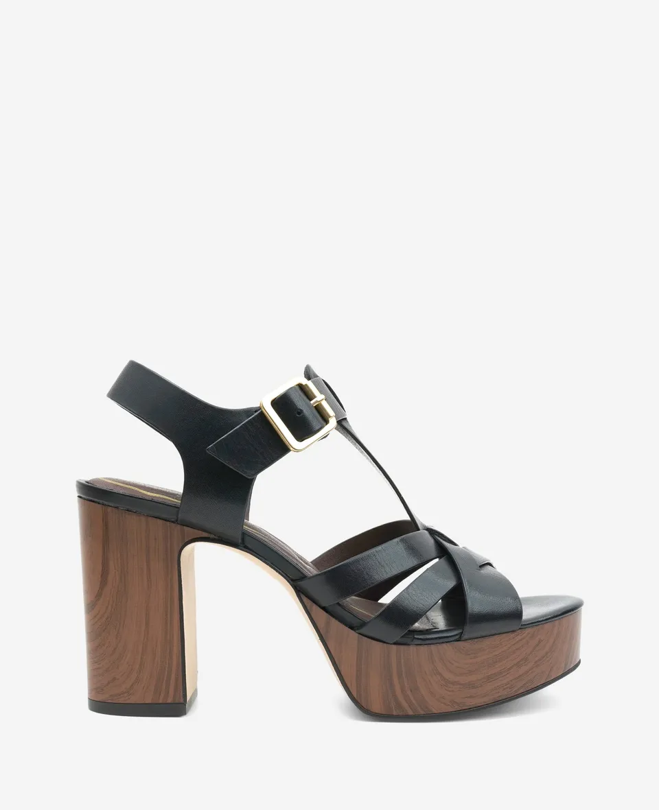Kenneth Cole Reaction Shoes Lotus Woven Leather T-Strap Wood Platform Sandal sandalo nero in pelle