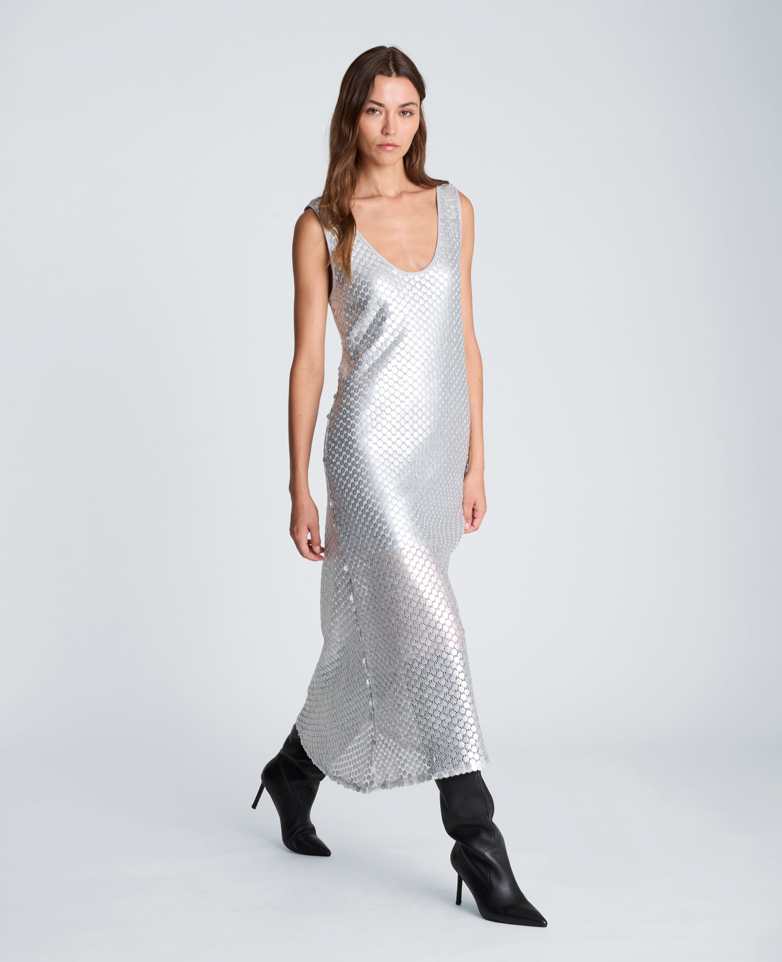 Kenneth Cole Reaction Clothing Tank Midi Slip Dress abito midi argento con paillettes