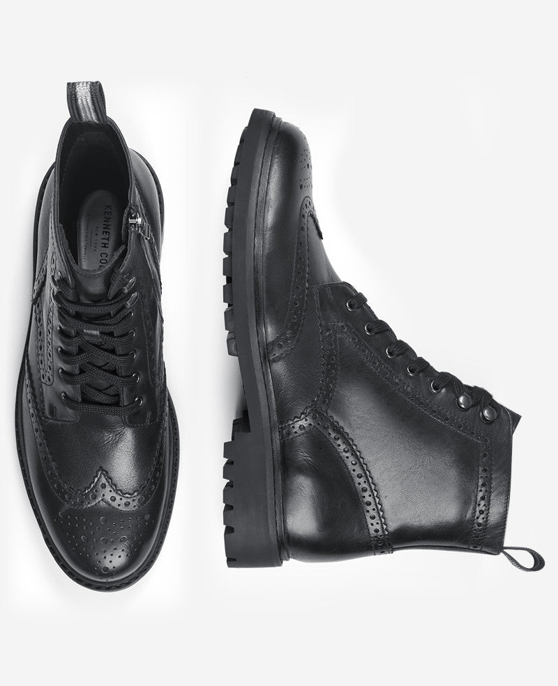 Kenneth Cole Reaction Shoes Todd Wingtip Lace Up Lug Sole Boot stivale nero in pelle