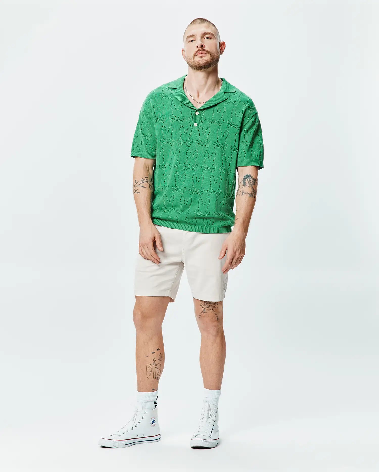 Psycho Bunny Men's Polos Harold Pointelle All Over Bunny polo in maglia verde