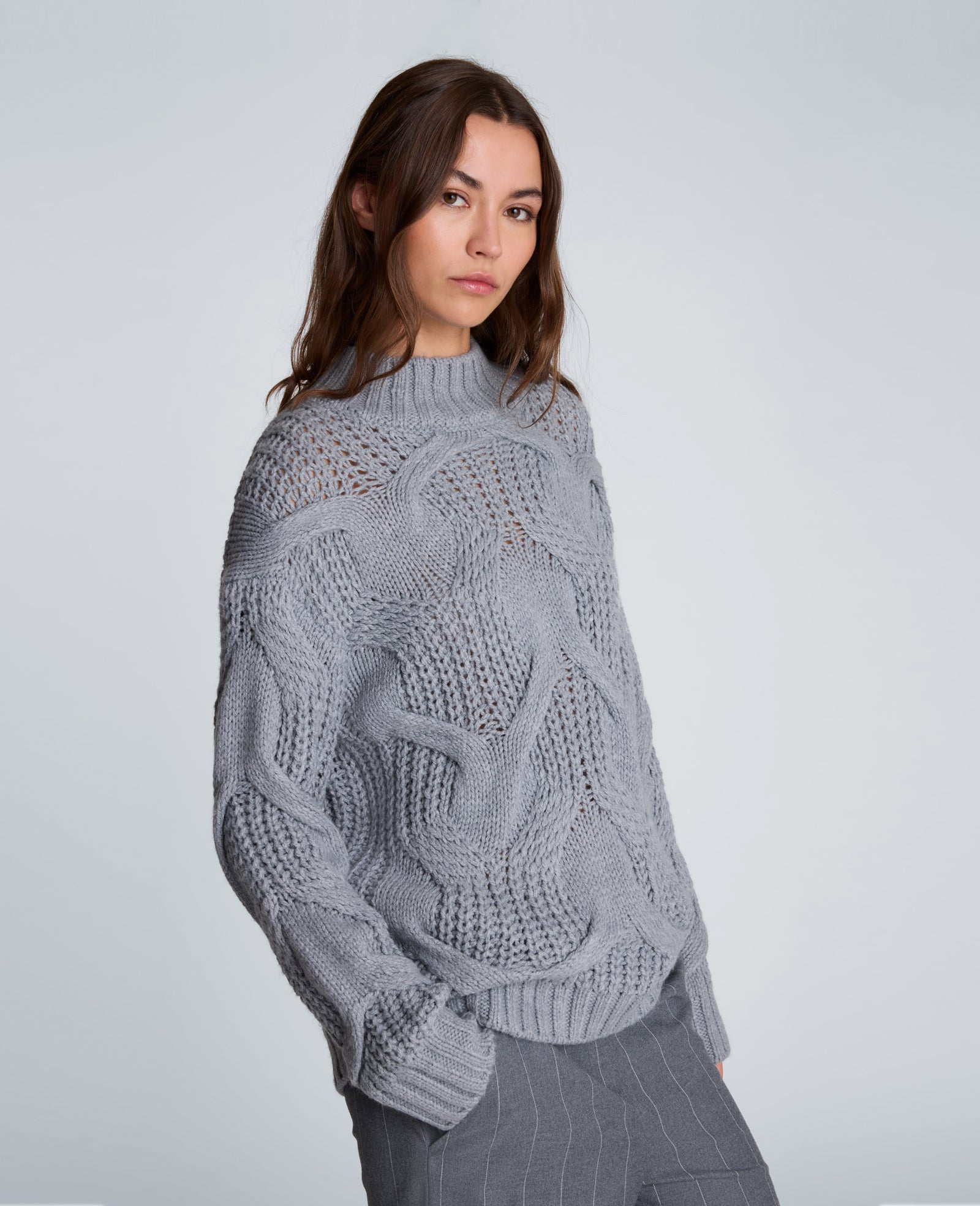 Kenneth Cole Reaction Clothing Oversized Cable Mock Neck Sweater maglione grigio XS