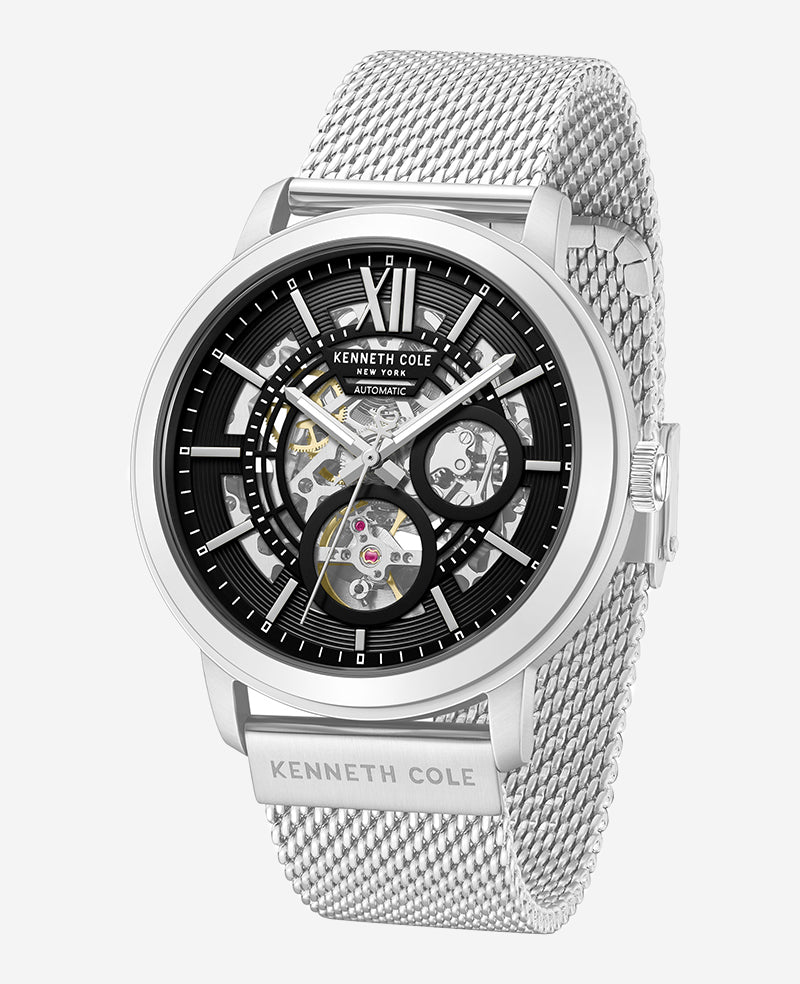 Kenneth Cole Reaction Watches Skeleton Automatic Black Dial orologio Silver