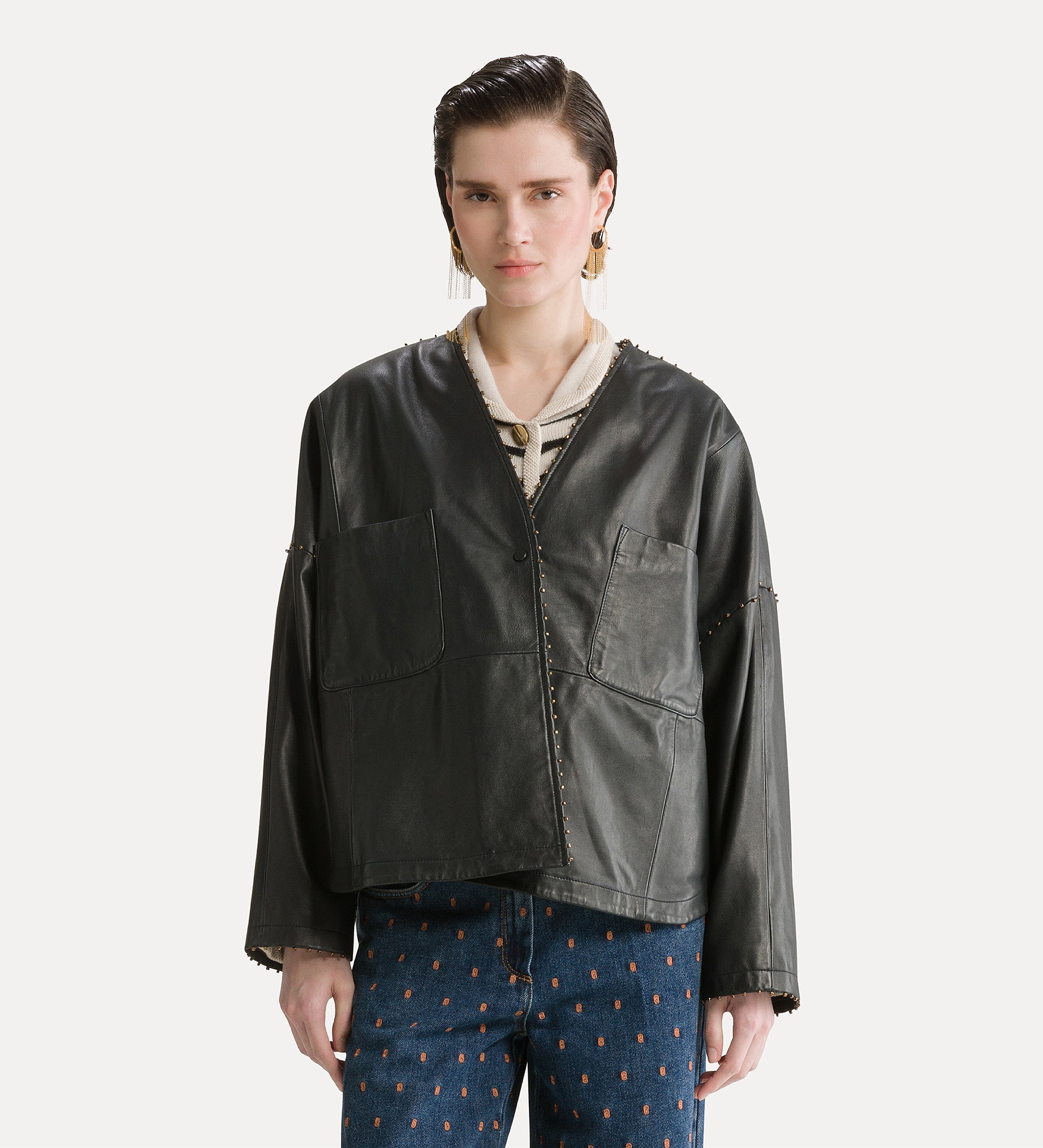Forte capispalla e kimono beaded nappa leather kimono jacket giacca petrolio in pelle