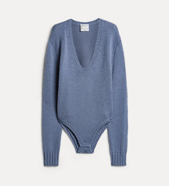 Forte maglieria body a trecce in lana azzurro
