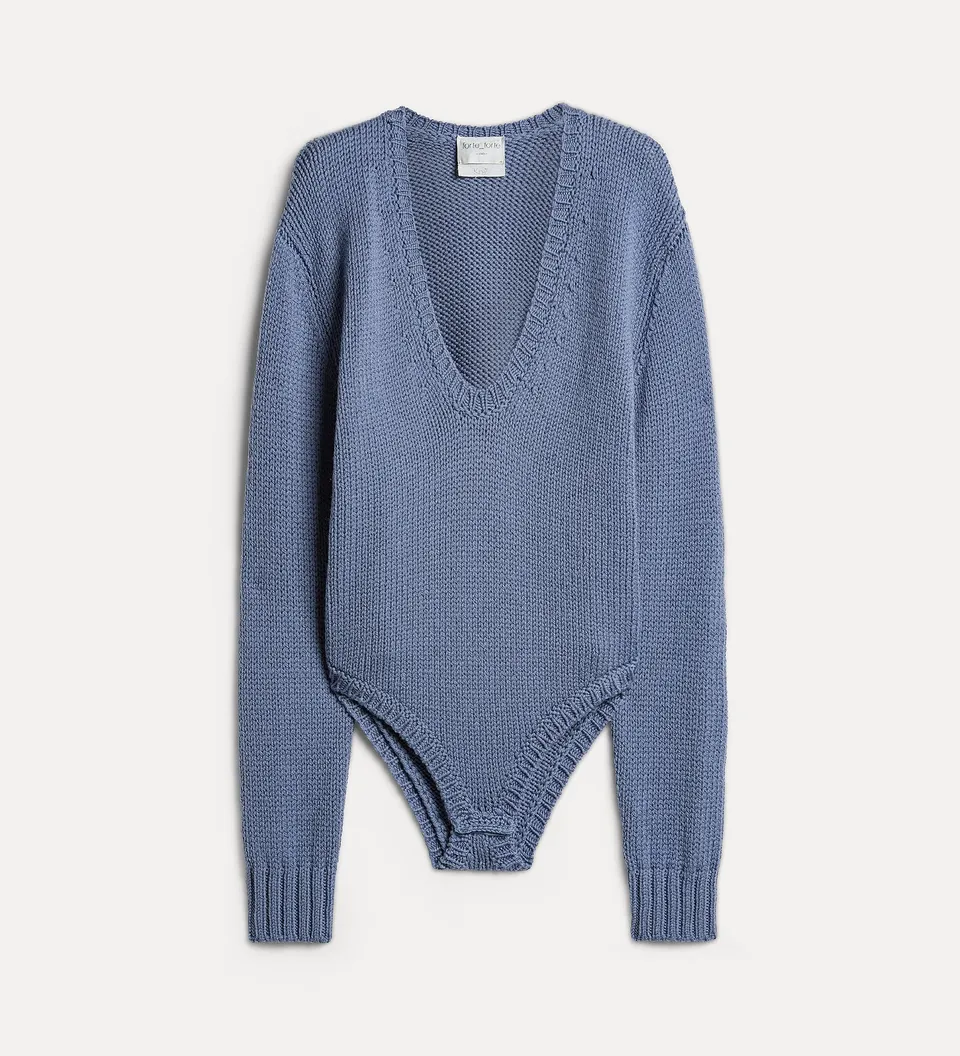 Forte maglieria body a trecce in lana azzurro
