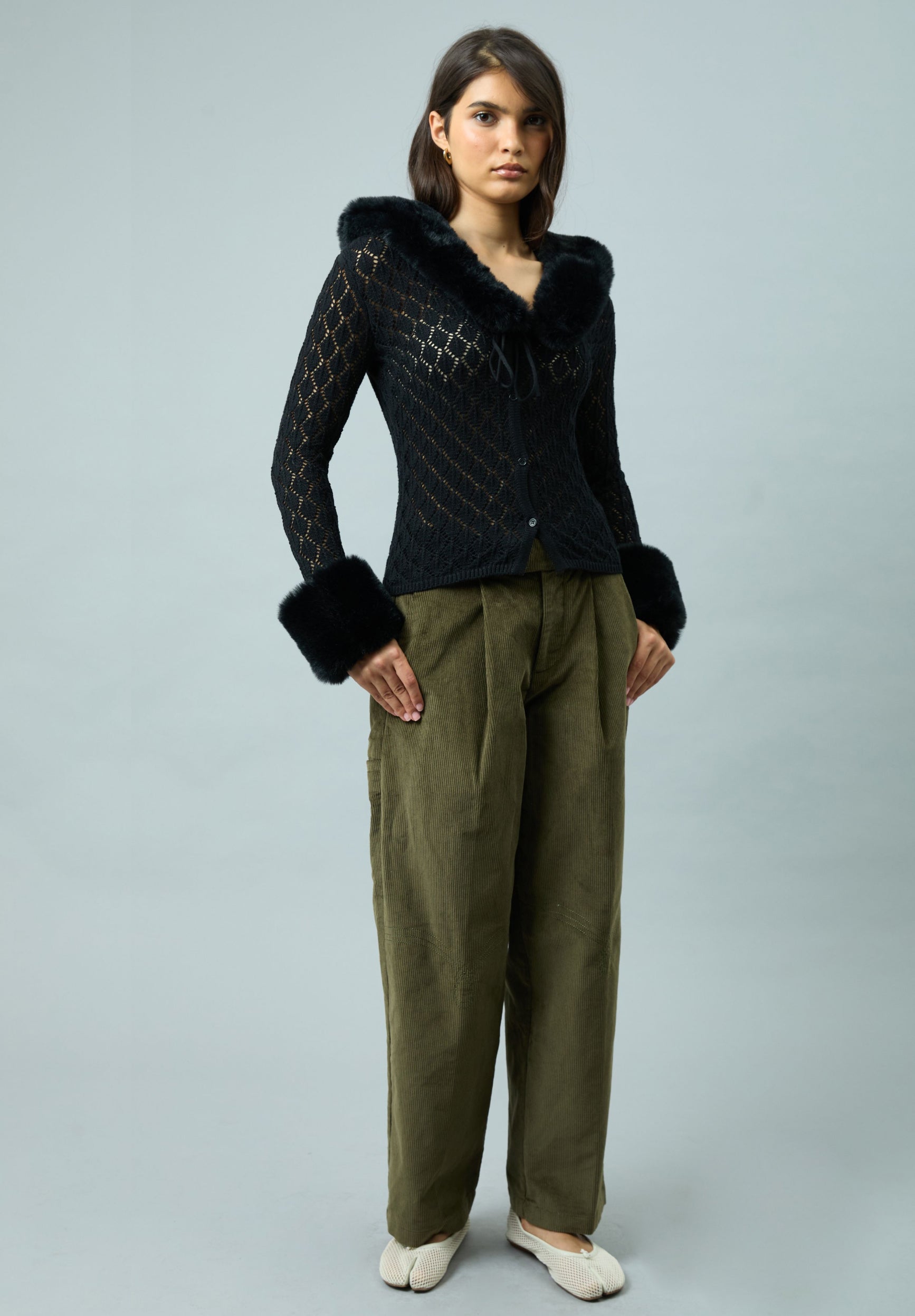 House Of Sunny Women's Knitwear Black Fur Collar Peggy maglia nera in cotone