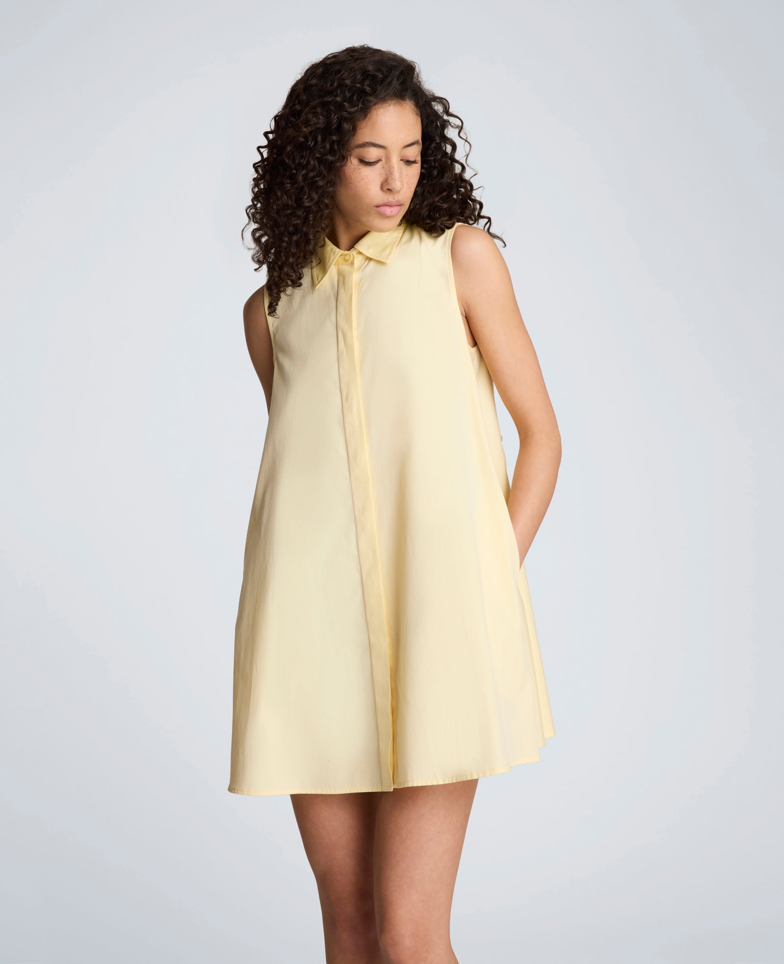 Kenneth Cole Reaction Clothing Cotton Poplin Sleeveless Trapeze Mini Dress abito chemisier giallo pastello taglie 0-14