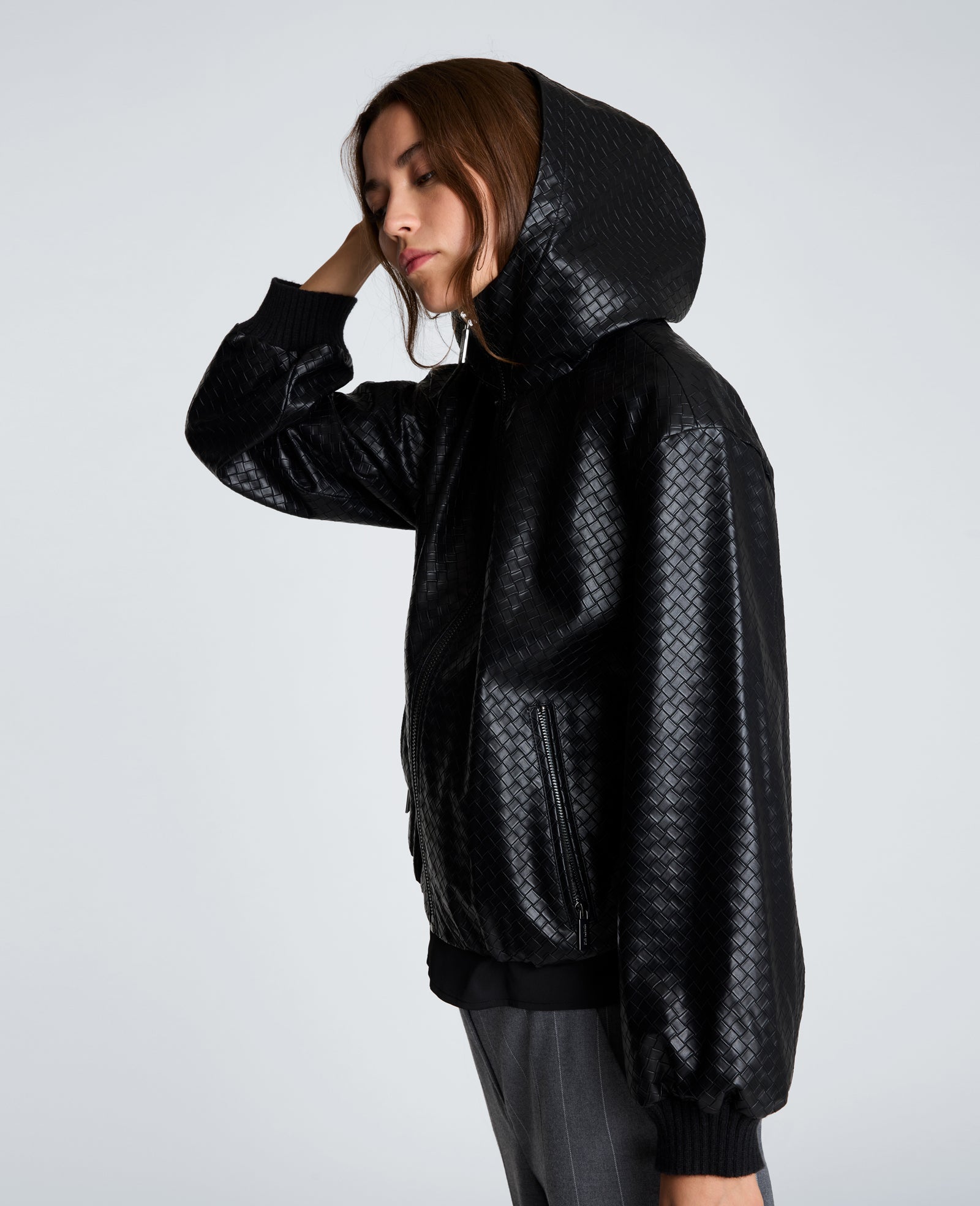 Kenneth Cole Reaction Clothing Hooded Basketweave Vegan Leather Blouson Jacket giacca nera