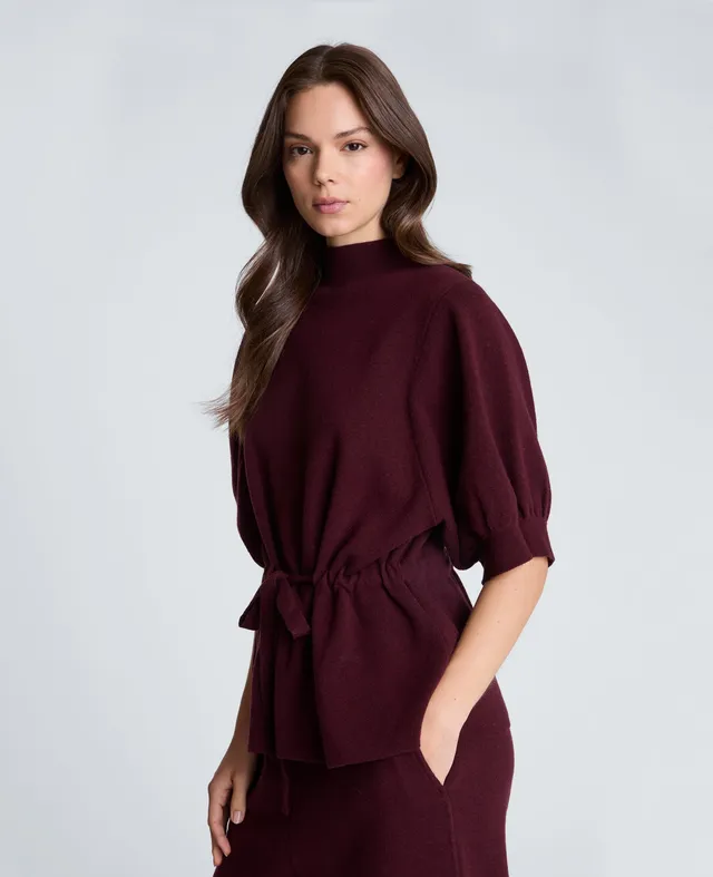 Kenneth Cole Reaction Clothing Short Sleeve Tunnel Belt Mock Neck Sweater maglia bordeaux