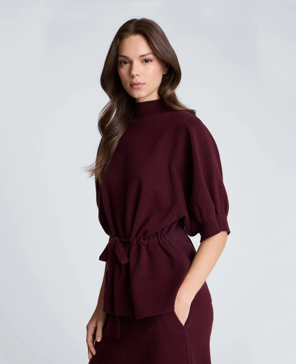 Kenneth Cole Reaction Clothing Short Sleeve Tunnel Belt Mock Neck Sweater maglia bordeaux