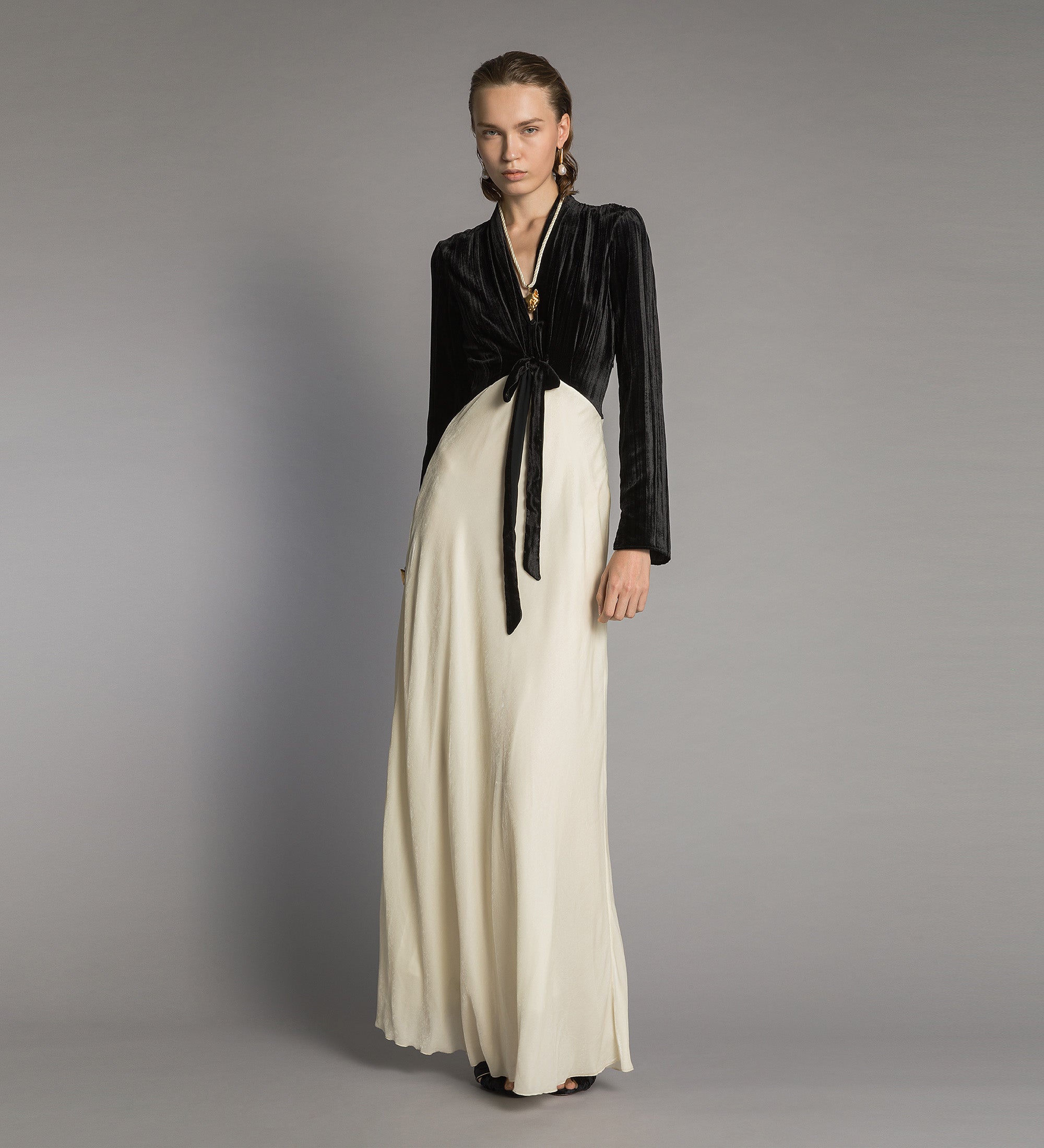 Forte abiti Velvet and Cupro Dress with Lace black abito lungo