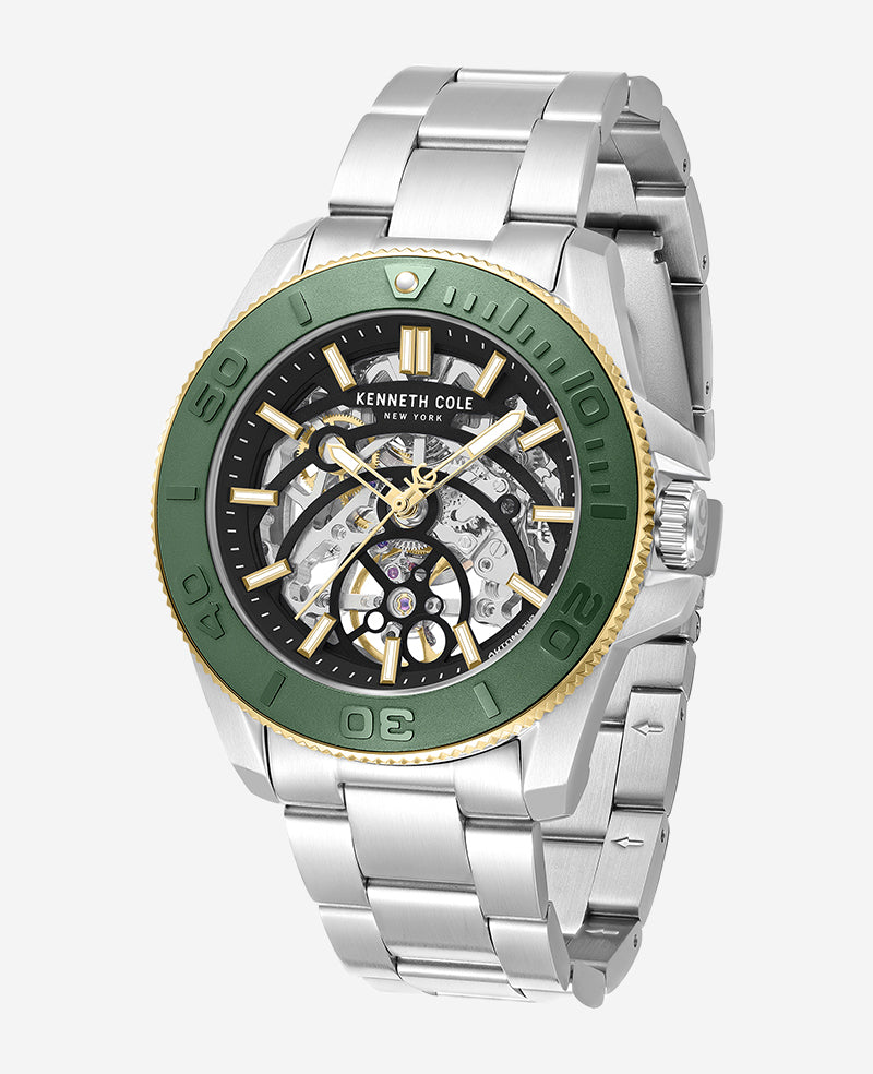 Kenneth Cole Reaction Skeleton Automatic Green Contrast Dial Bracelet Watch orologio automatico argento verde