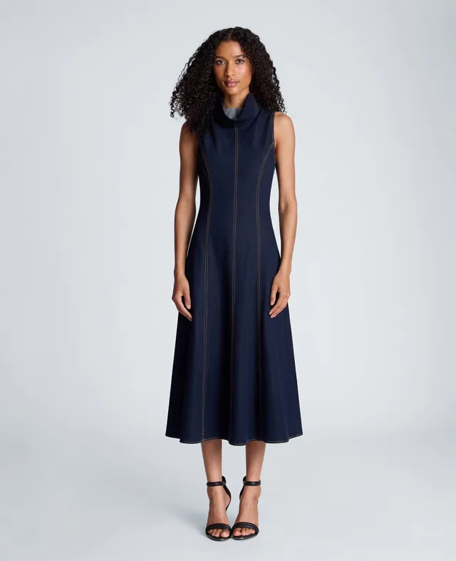 Kenneth Cole Reaction Clothing High Stand Collar Denim Midi Dress abito midi indaco effetto denim smanicato