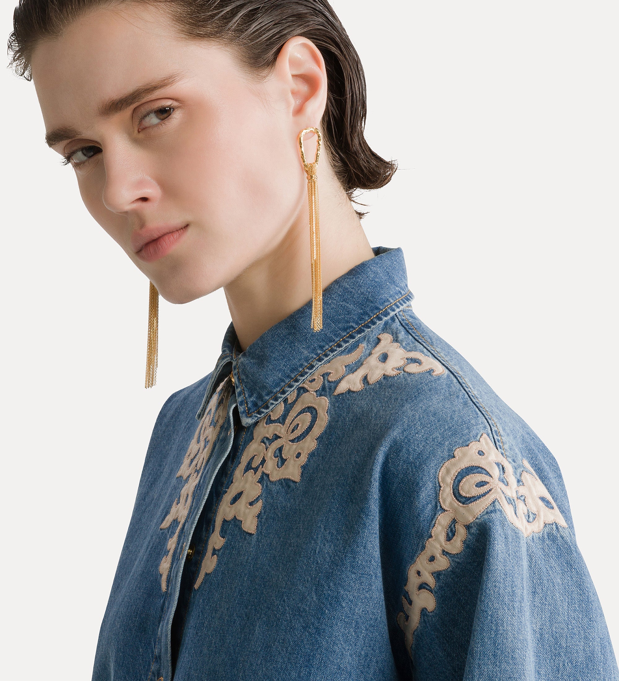 Forte camicie Embroidered Indigo Twill Boxy Shirt celeste camicia ricamata