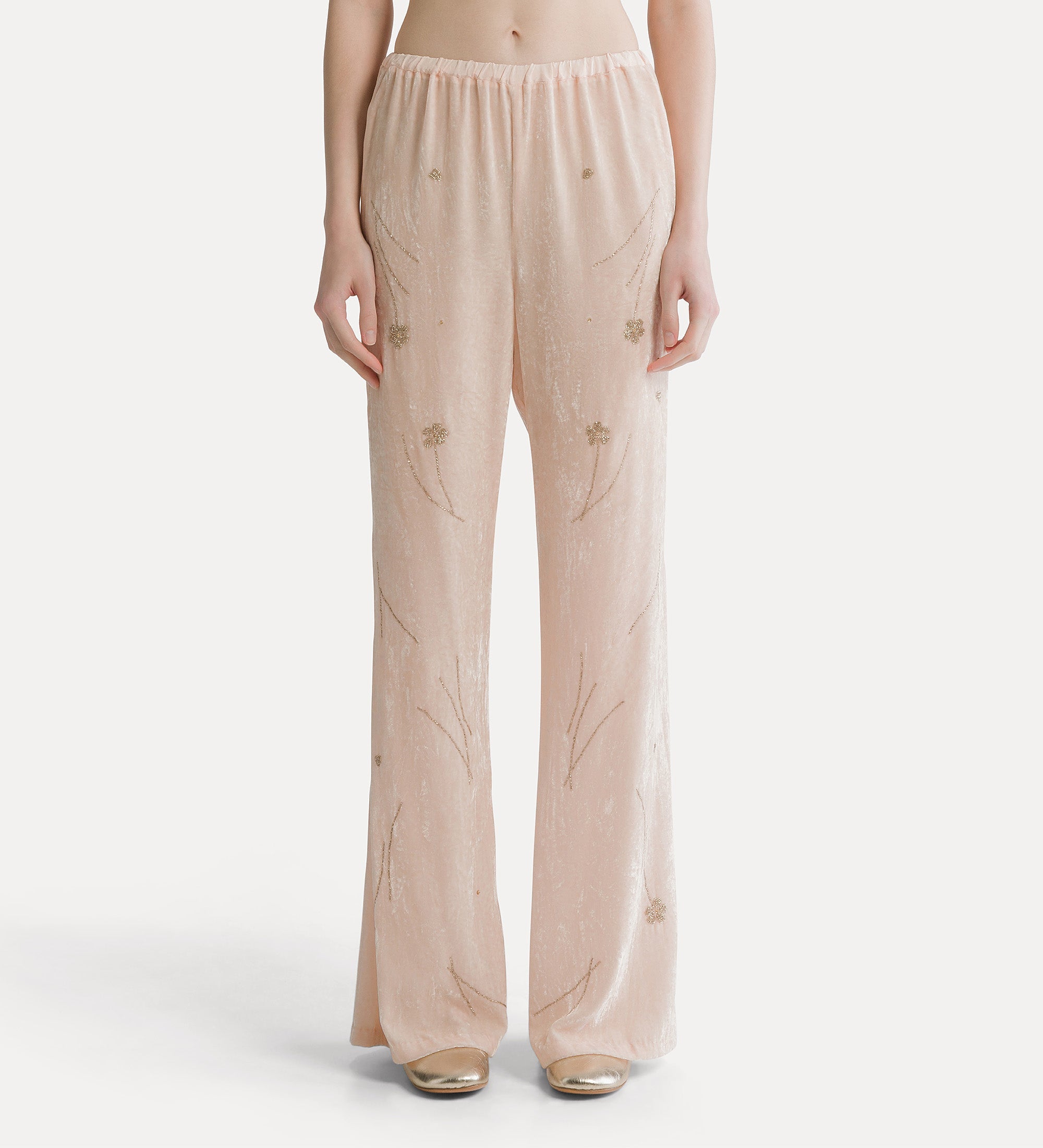Forte pantaloni Fleurs d'Orient pantaloni loto velluto ricamato