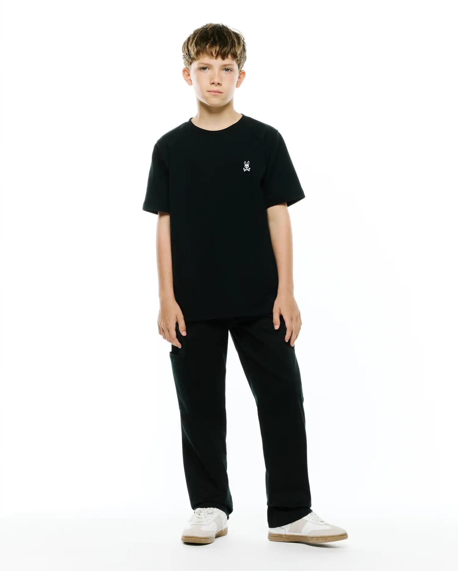 Psycho Bunny Kids Tees Maxton Waffle T-shirt nera in cotone elasticizzato