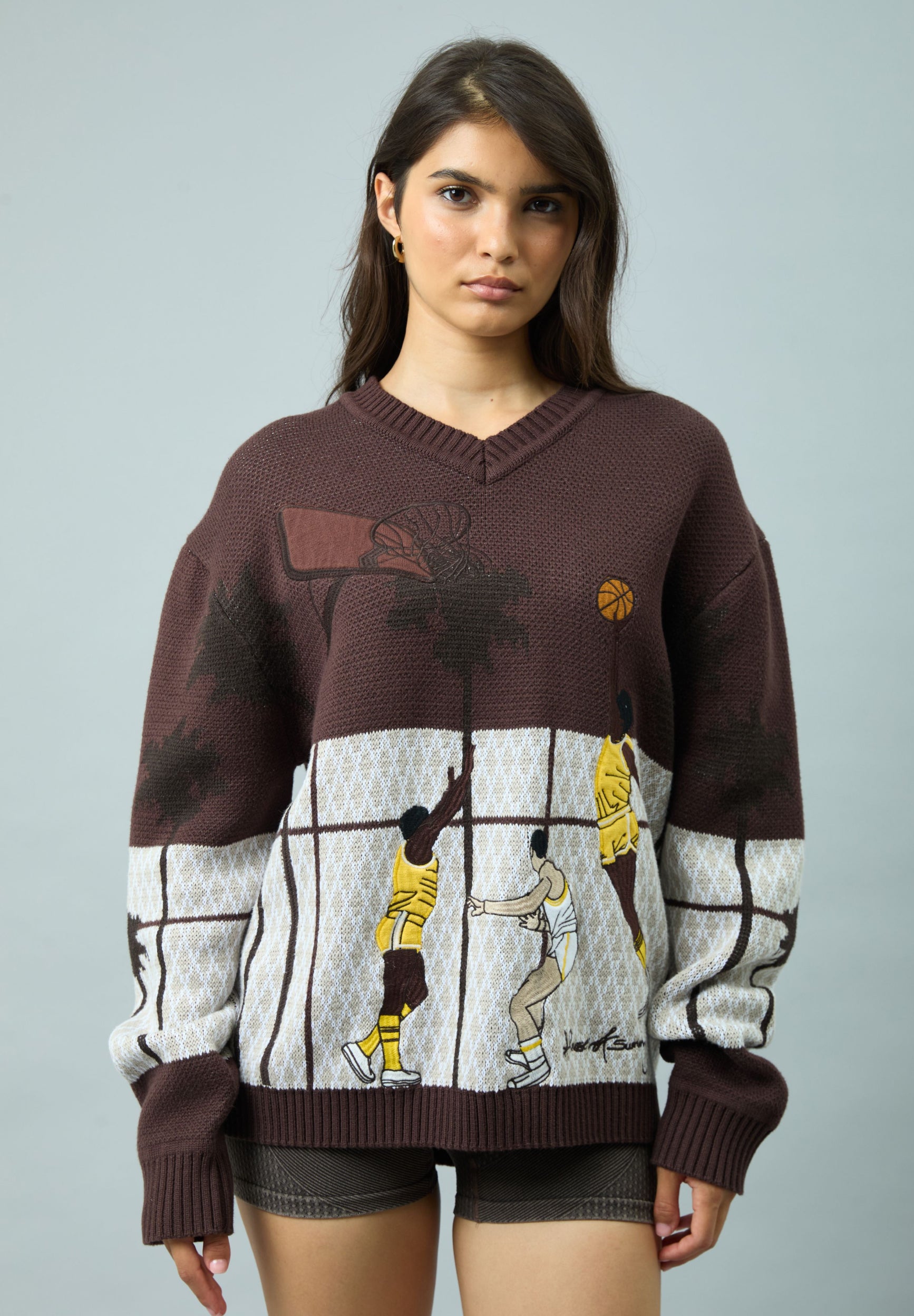 House Of Sunny Women's Knitwear SLAM DUNK WEST maglione jacquard marrone taglie UK S-XL