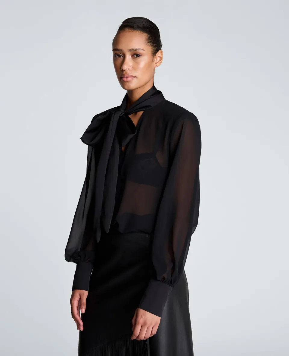 Kenneth Cole Reaction Clothing Tie Neck Blouse camicetta nera XS-XL in chiffon