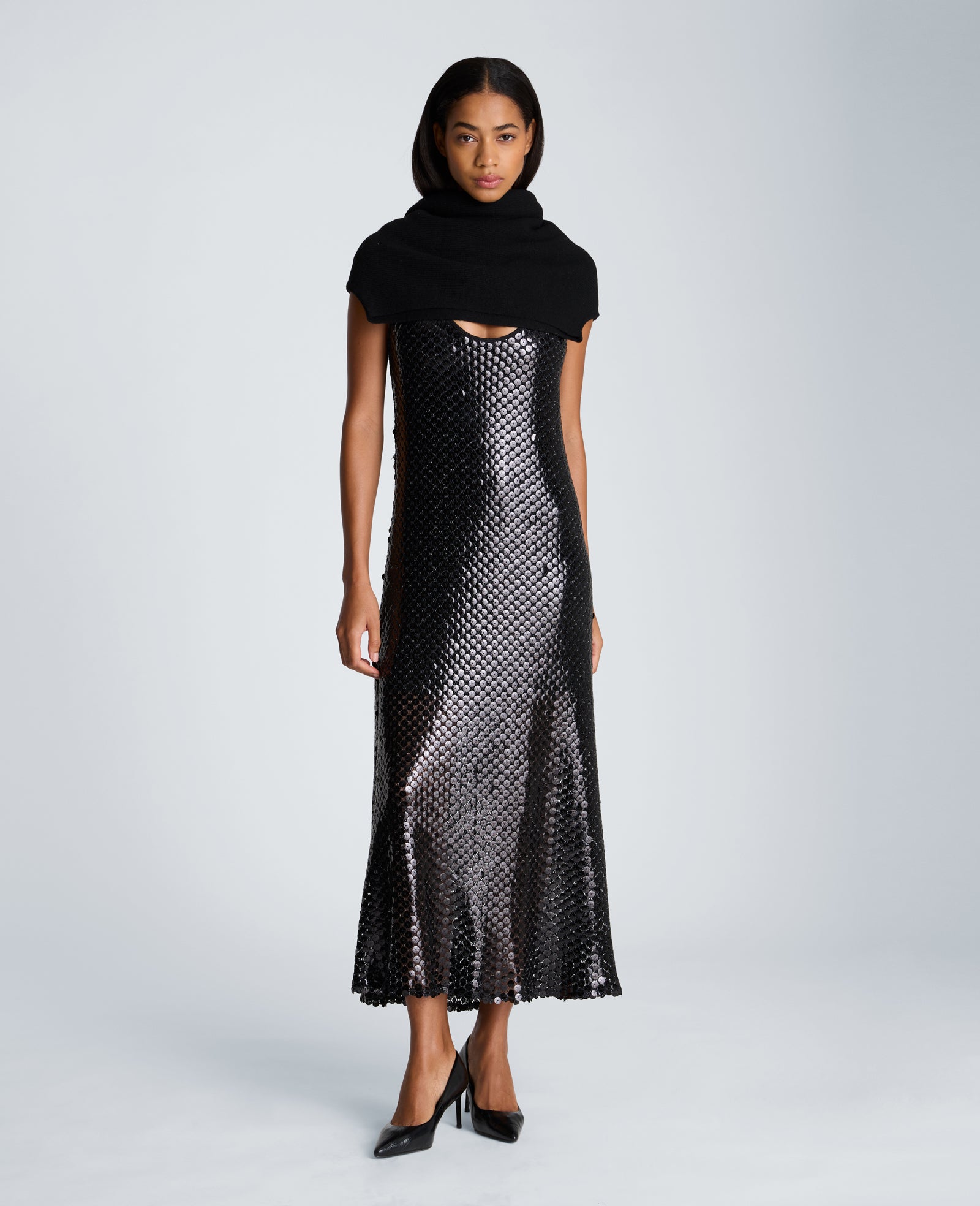 Kenneth Cole Reaction Clothing Tank Midi Slip Dress abito midi nero in mesh con paillettes