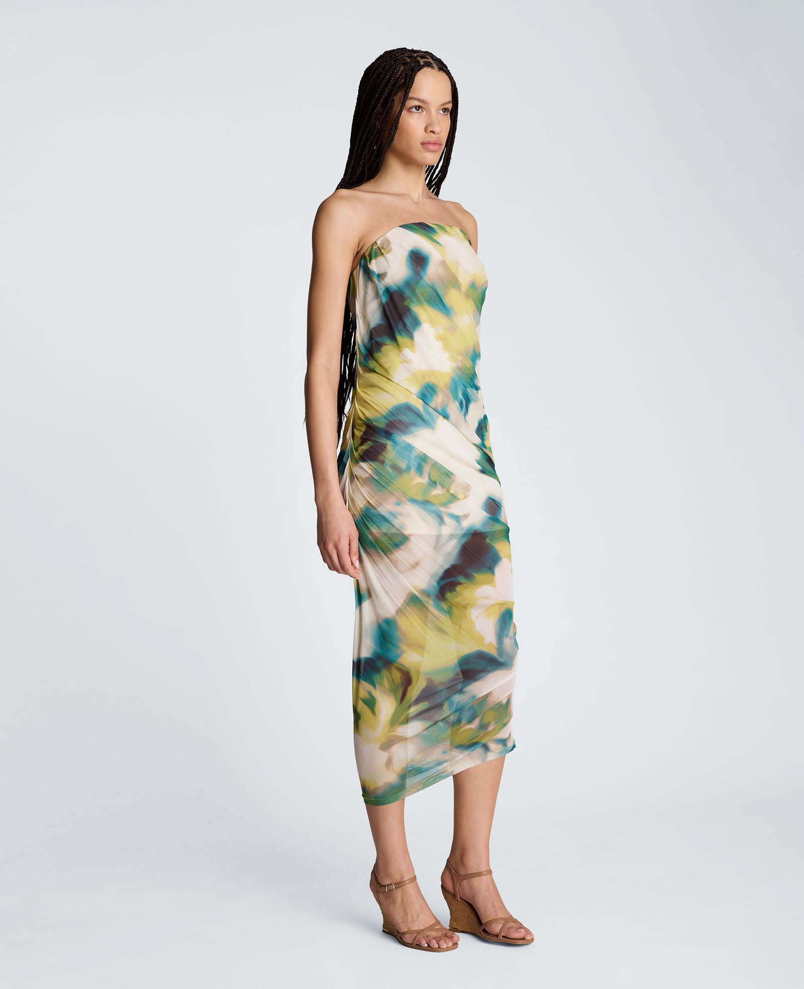 Kenneth Cole Reaction Clothing Strapless Ruched Dress abito midi nero multicolore stampato