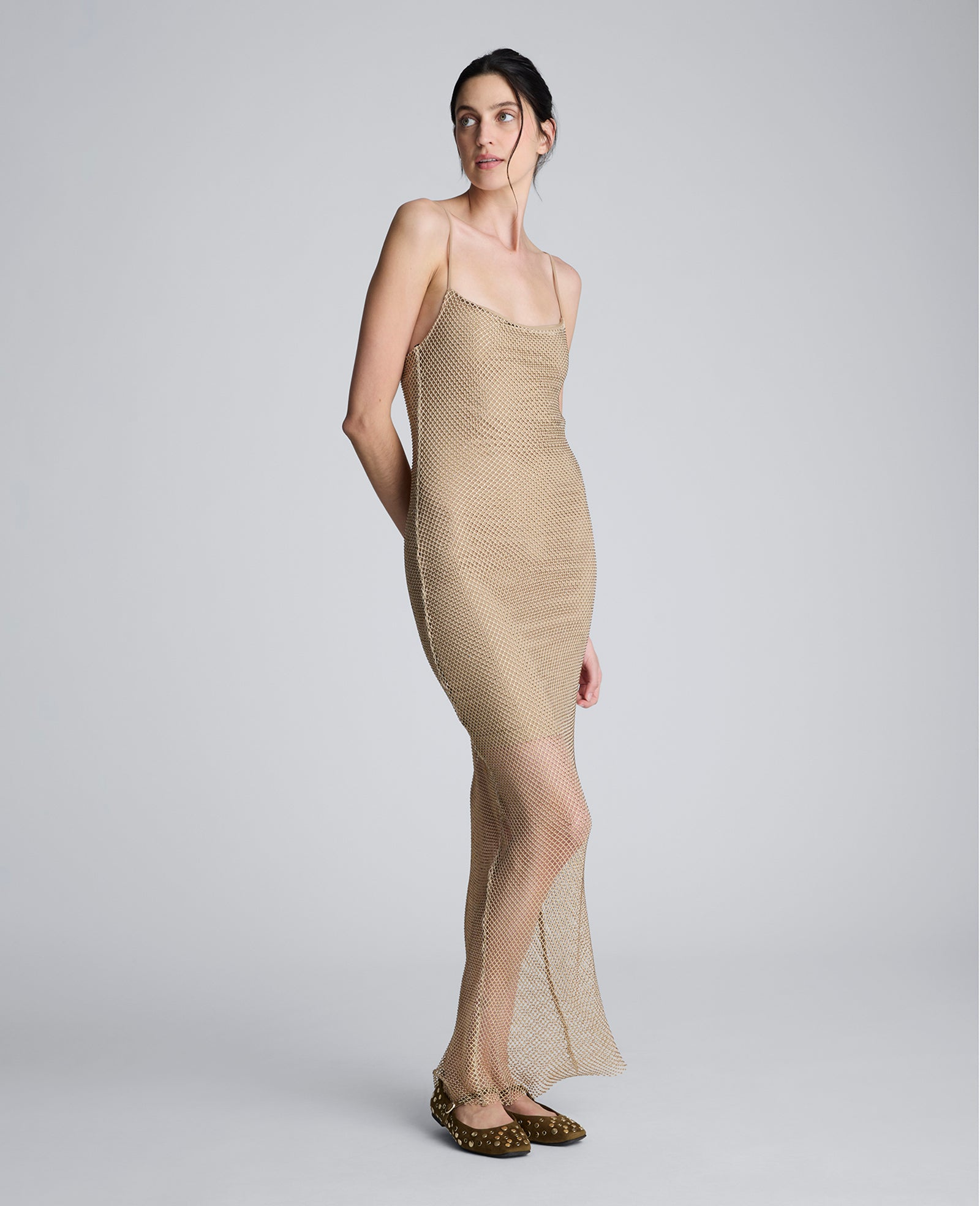 Kenneth Cole Reaction Clothing Metallic Slip Maxi Dress abito Soft Amber in mesh